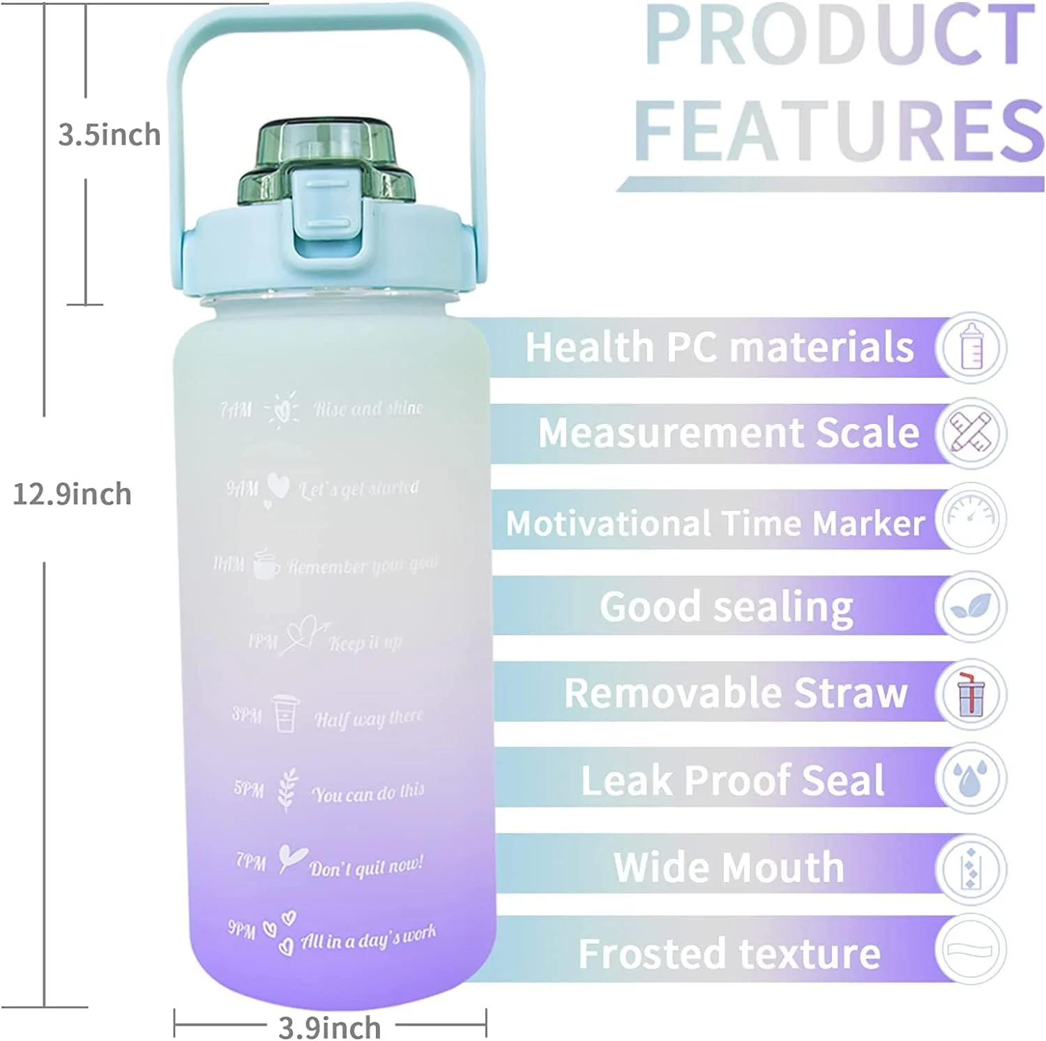 بطری آب 2 لیتری سبز COOLBABY با نی و دسته. قمقمه ورزشی قابل استفاده مجدد با طرح کراواتی و نشانگرهای تشویقی زمان. میزان مصرف ساعتی روزانه برای نوشیدن، YLY2009-GR