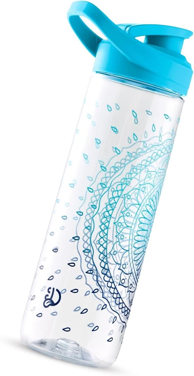 بطری آب دیدولز 470 و 700 میلی لیتر مناسب سفر، ورزش، دوچرخه سواری، فضای باز، یوگا، دفتر کار، بدون BPA، بطری ورزشی با دسته حمل کاربردی، ضد نشت، رنگ: آبی، طرح: ماندالای آب، سایز