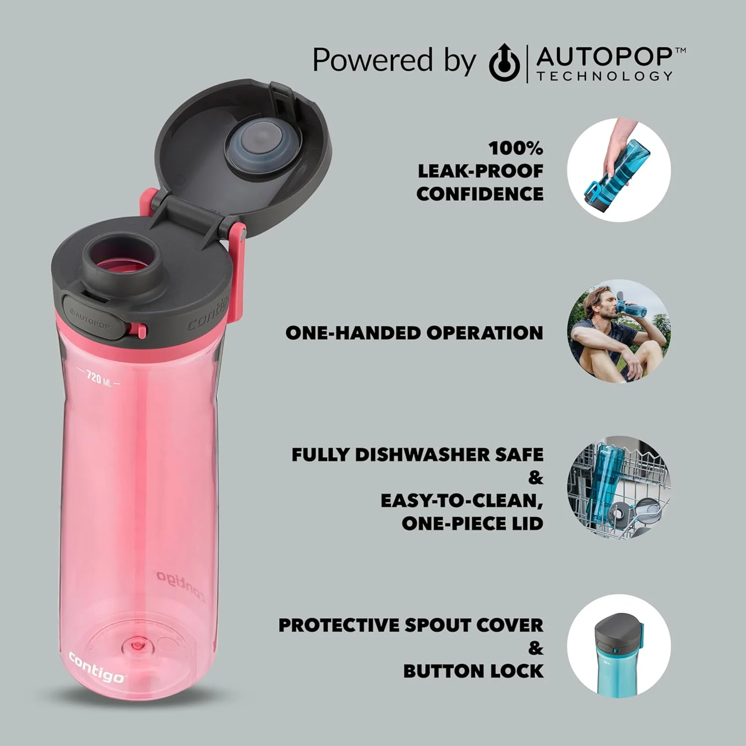 بطری نوشیدنی کانتیگو جکسون، بطری آب بزرگ بدون BPA، 100% ضد نشت و قابل شستشو در ماشین ظرفشویی، مناسب ورزش های فضای باز برای دوچرخه سواری، دویدن، پیاده روی، کار، مدرسه، FROST ROSE 720 میلی لیتر 2156439