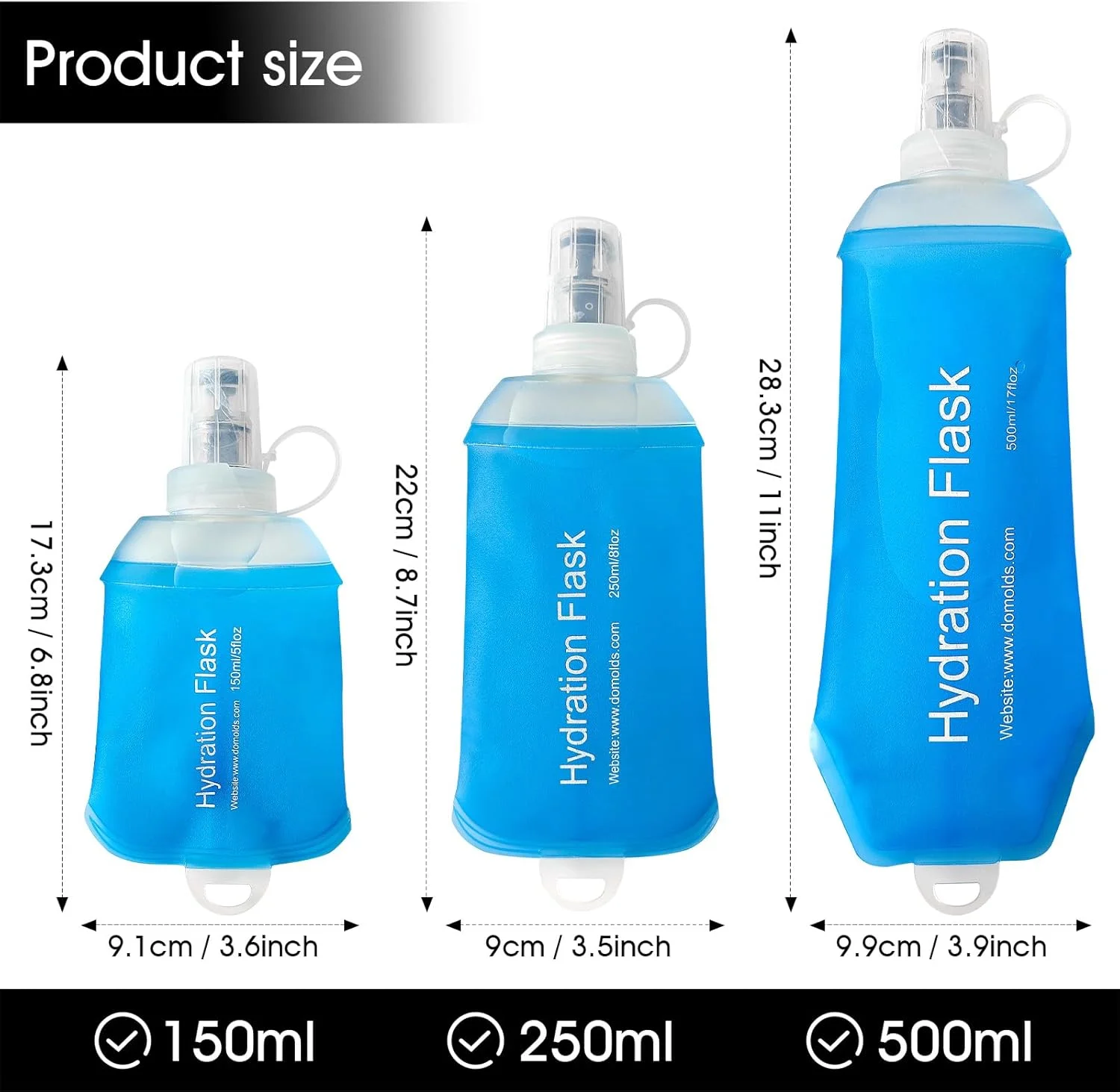 قمقمه نرم تاشو GYGYL با ظرفیت 150 میلی لیتر، بطری آب نرم TPU برای کوله پشتی هیدراتاسیون، جلیقه دویدن، بطری آب تاشو ضد نشت برای پیاده روی، دوچرخه سواری، کوهنوردی، دویدن - آبی