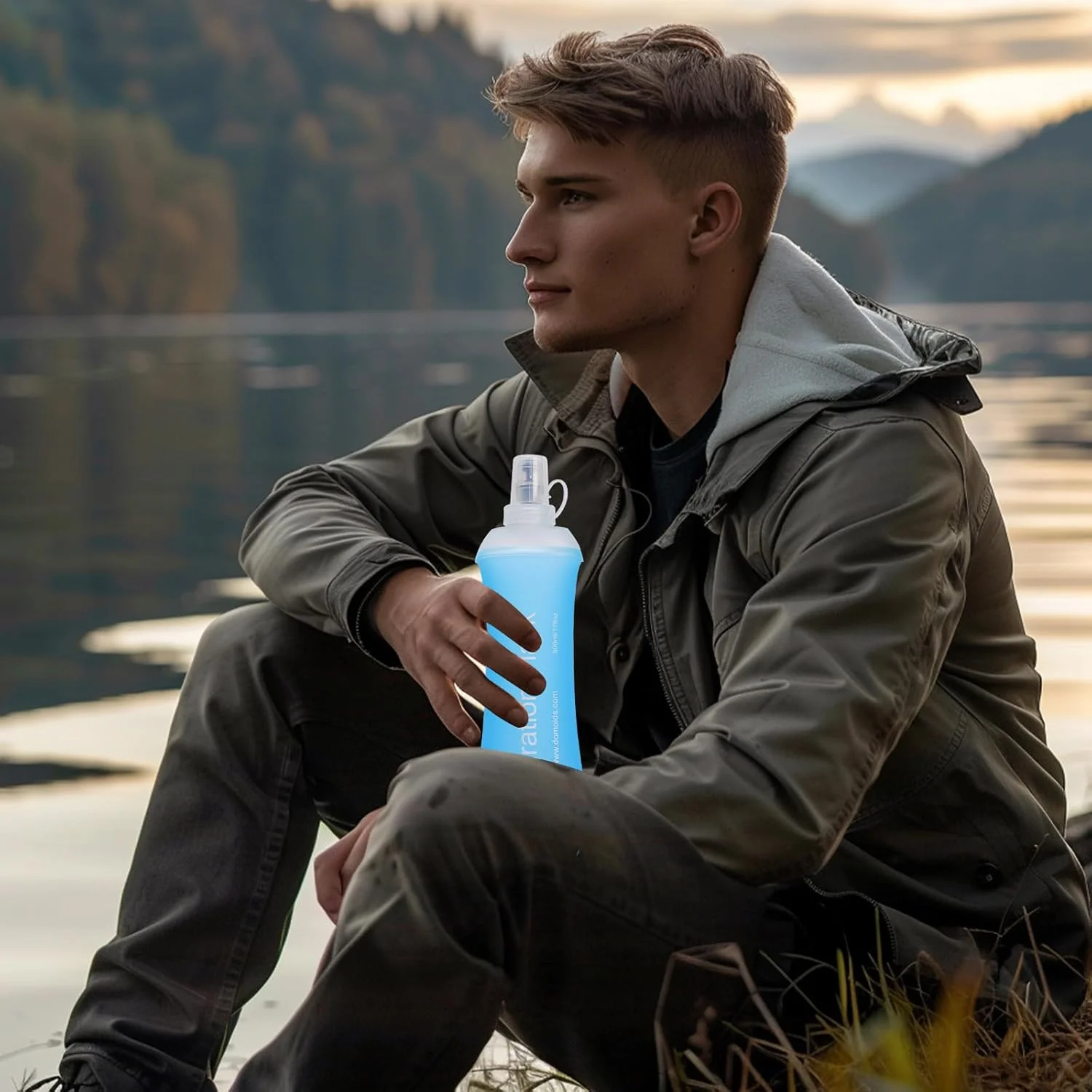 قمقمه تاشو نرم 500 میلی لیتری برای دویدن، بطری آب TPU دستی تاشو برای کوله پشتی، پیاده روی، دوچرخه سواری، کوهنوردی (آبی)