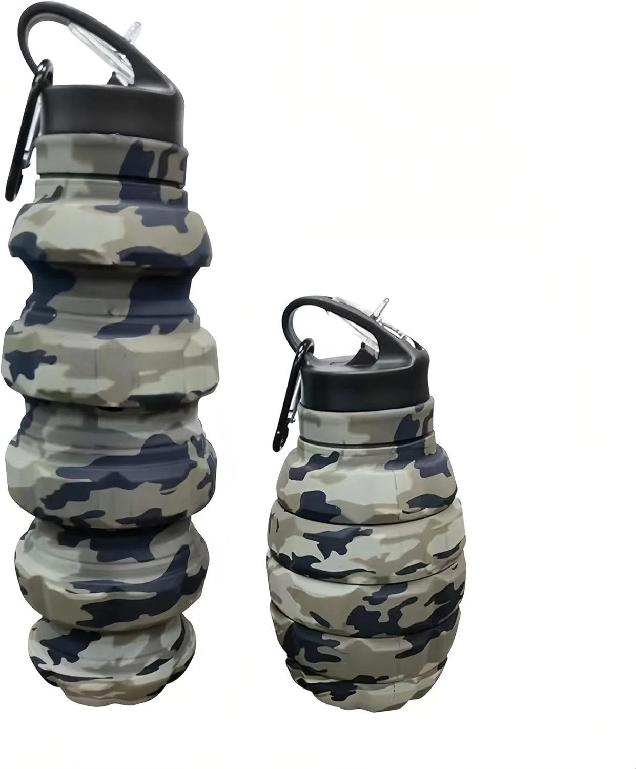 بطری آب تاشو مسافرتی، بطری های آب سیلیکونی تاشو قابل استفاده مجدد برای باشگاه، کمپینگ، پیاده روی، بطری ورزشی قابل حمل ضد نشت با کارابین نارنجکی (استتار صحرایی خاکستری)