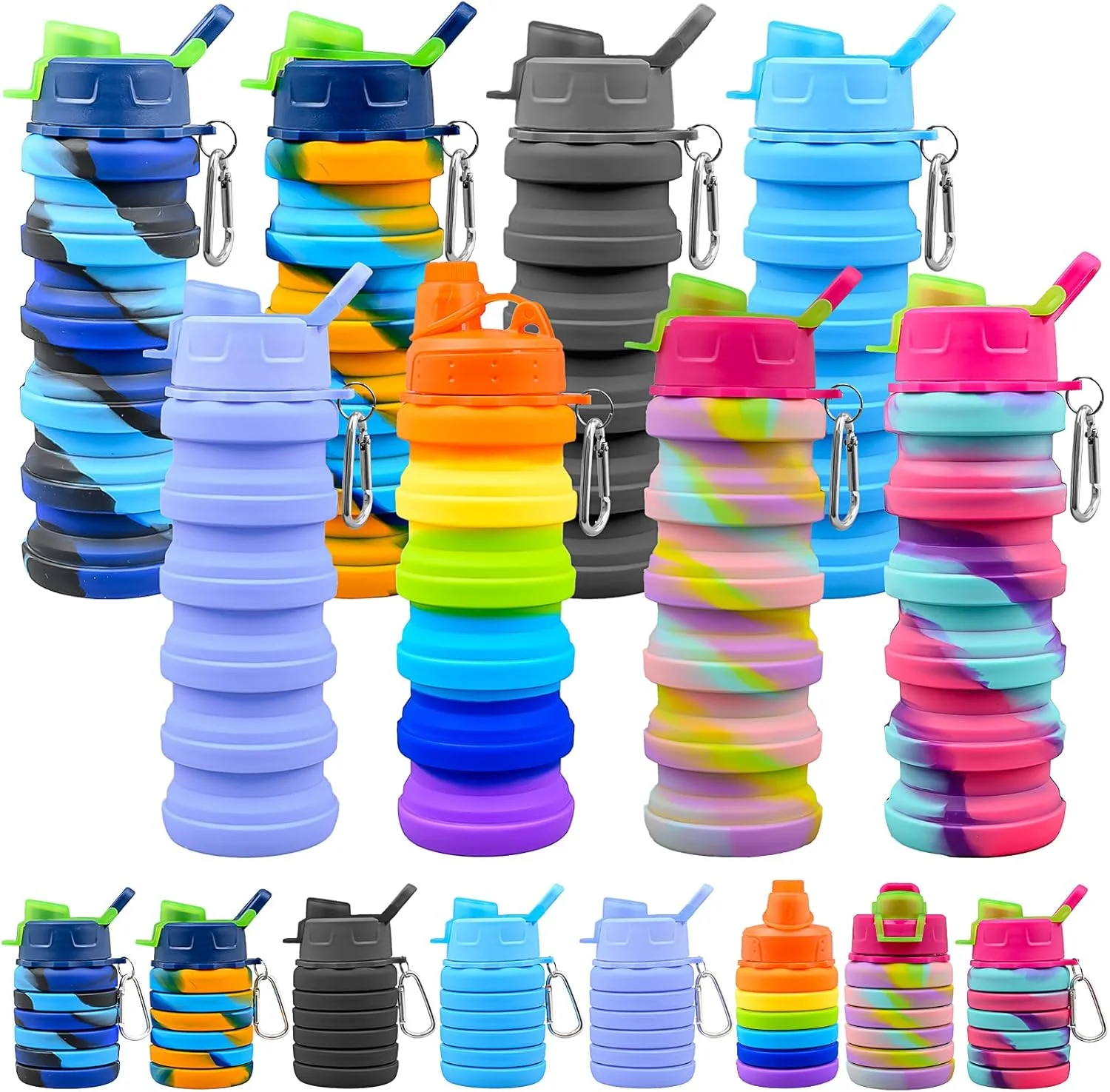 ست ۸ عددی بطری آب تاشو، بطری آب مسافرتی سیلیکونی ۱۶ اونسی، بطری آب تاشو قابل حمل، بطری آب ورزشی قابل استفاده مجدد و ضد نشت مناسب سفر، کمپینگ و پیاده روی (رنگ های مختلف)