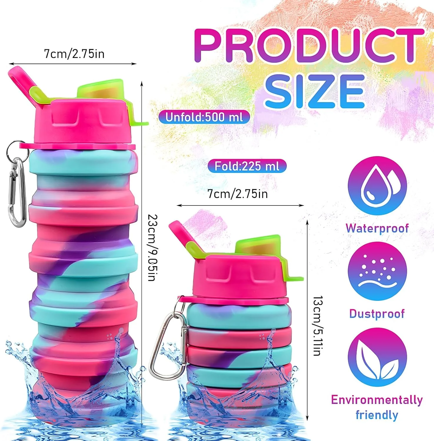 ست ۸ عددی بطری آب تاشو، بطری آب مسافرتی سیلیکونی ۱۶ اونسی، بطری آب تاشو قابل حمل، بطری آب ورزشی قابل استفاده مجدد و ضد نشت مناسب سفر، کمپینگ و پیاده روی (رنگ های مختلف)