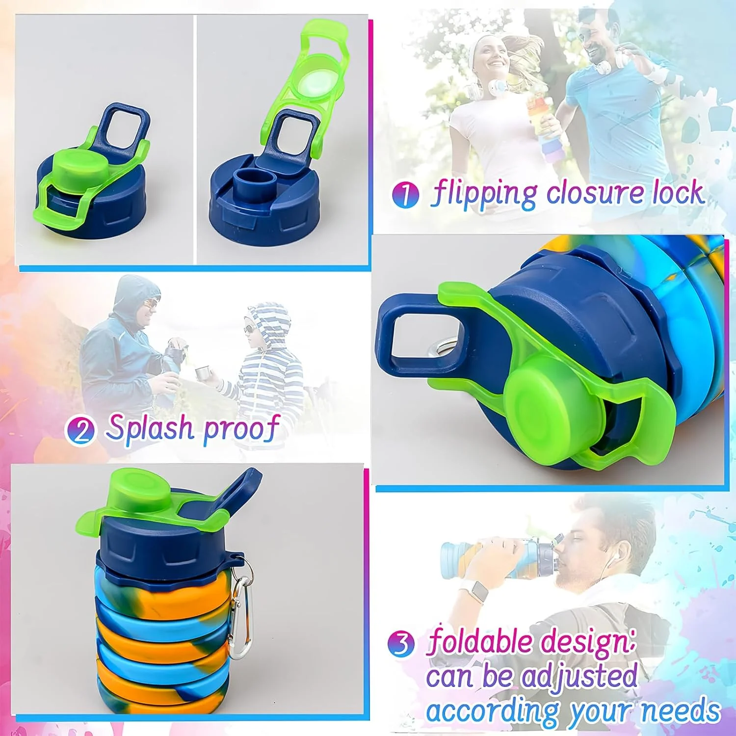 ست ۸ عددی بطری آب تاشو، بطری آب مسافرتی سیلیکونی ۱۶ اونسی، بطری آب تاشو قابل حمل، بطری آب ورزشی قابل استفاده مجدد و ضد نشت مناسب سفر، کمپینگ و پیاده روی (رنگ های مختلف)