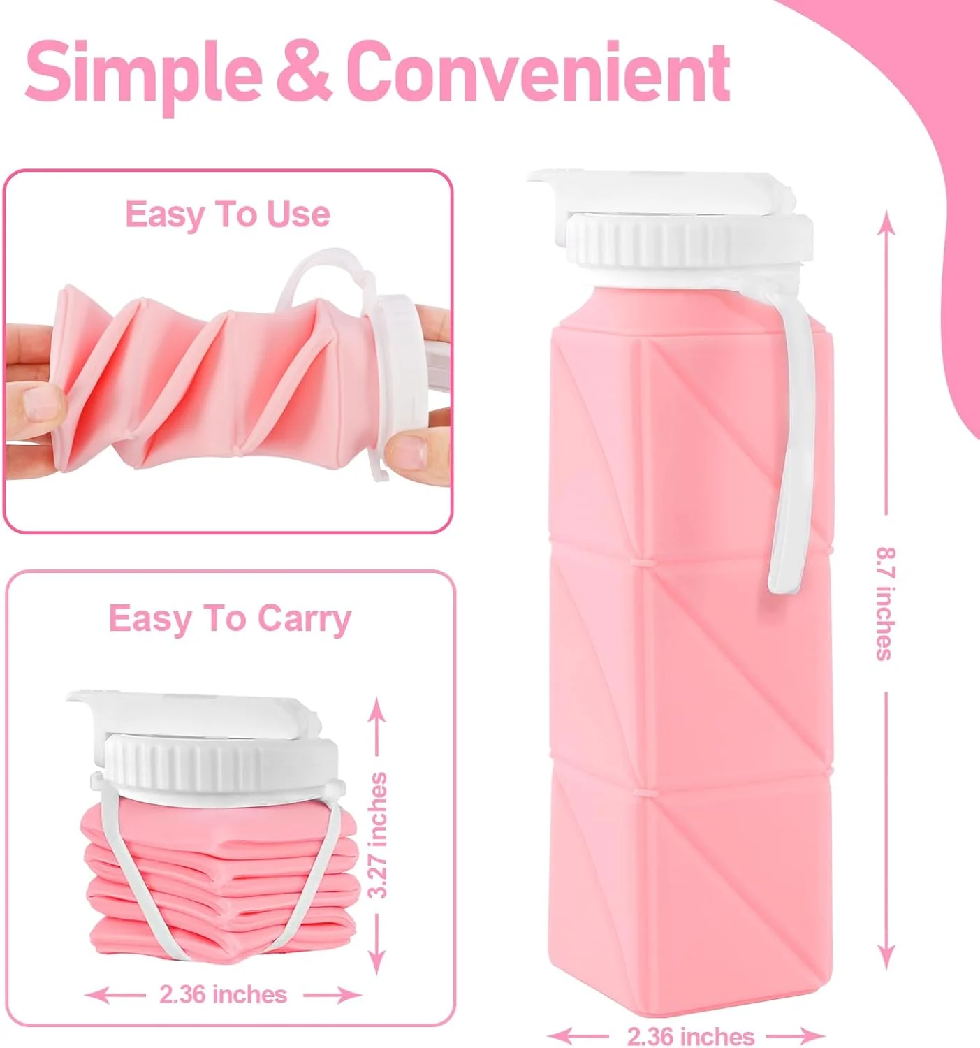 بطری آب تاشو با درب ضد نشت - بطری های مسافرتی سیلیکونی فاقد BPA با درجه غذایی - بطری آب تاشو 620 میلی لیتر برای مسافرت، باشگاه، پیاده روی، ورزش، کمپینگ، دوچرخه سواری، قابل حمل و استفاده مجدد