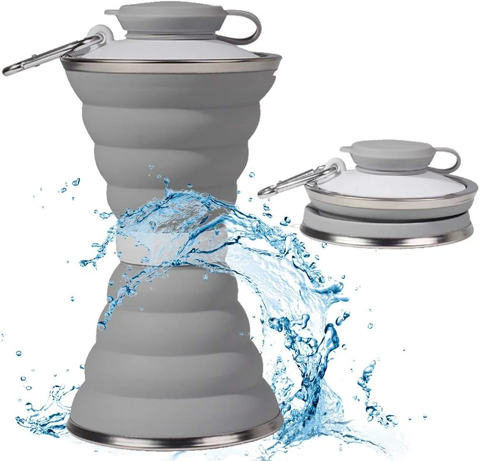 بطری آب تاشو، فنجان کمپینگ با کارابین، بطری های آب مسافرتی ورزشی قابل حمل و ضد نشت سیلیکونی قابل استفاده مجدد برای فضای باز، مسافرت، باشگاه، پیاده روی، بدون BPA، فنجان های دوچرخه سواری با کارابین