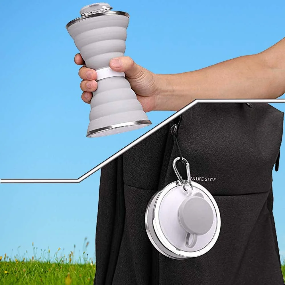 بطری آب تاشو، فنجان کمپینگ با کارابین، بطری های آب مسافرتی ورزشی قابل حمل و ضد نشت سیلیکونی قابل استفاده مجدد برای فضای باز، مسافرت، باشگاه، پیاده روی، بدون BPA، فنجان های دوچرخه سواری با کارابین