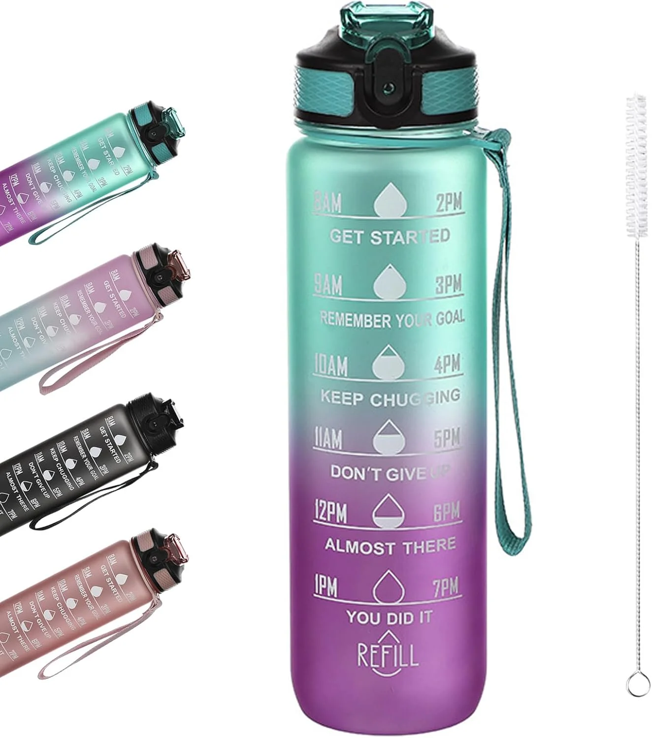 بطری آب ورزشی 1 لیتری با نی و نشانگر زمان، ضد نشت، بطری نوشیدنی پلاستیکی بدون BPA برای دختران، پسران، باشگاه، دوچرخه سواری، دفتر، فضای باز (سبز بنفش)