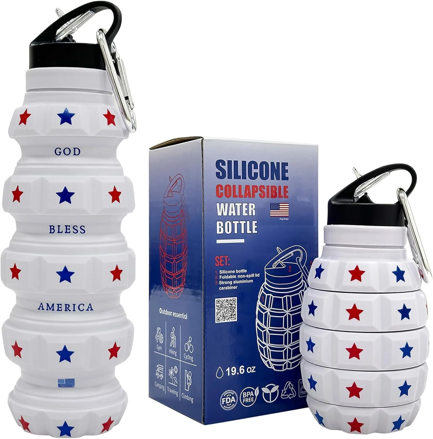 بطری آب تاشو یارو 580 میلی لیتر - بطری آب سیلیکونی سبک و ضد نشت با طرح پرچم آمریکا - بطری آب تاشو مردانه برای کمپینگ، پیاده روی، استفاده روزمره (میهنی)