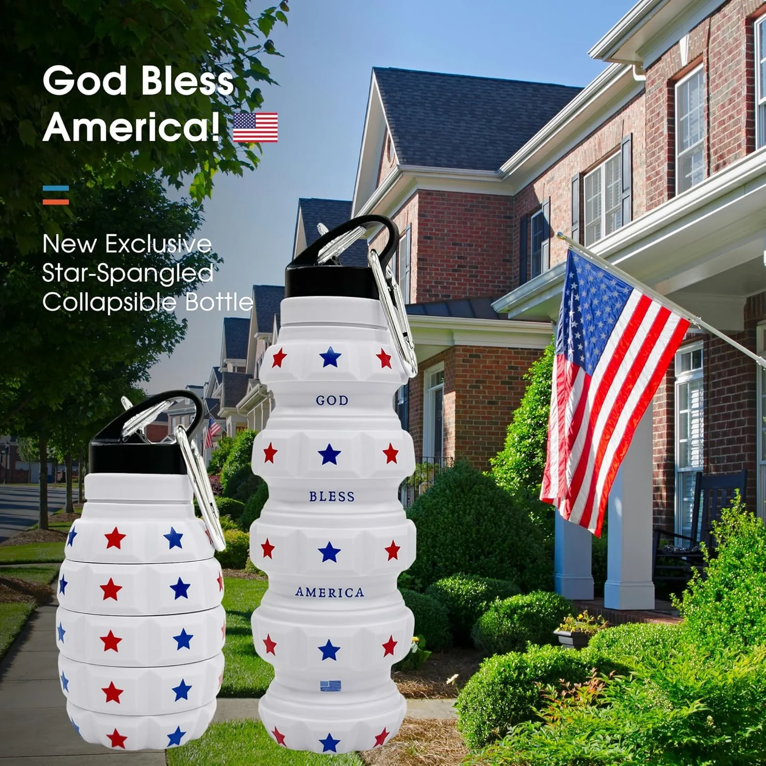 بطری آب تاشو یارو 580 میلی لیتر - بطری آب سیلیکونی سبک و ضد نشت با طرح پرچم آمریکا - بطری آب تاشو مردانه برای کمپینگ، پیاده روی، استفاده روزمره (میهنی)