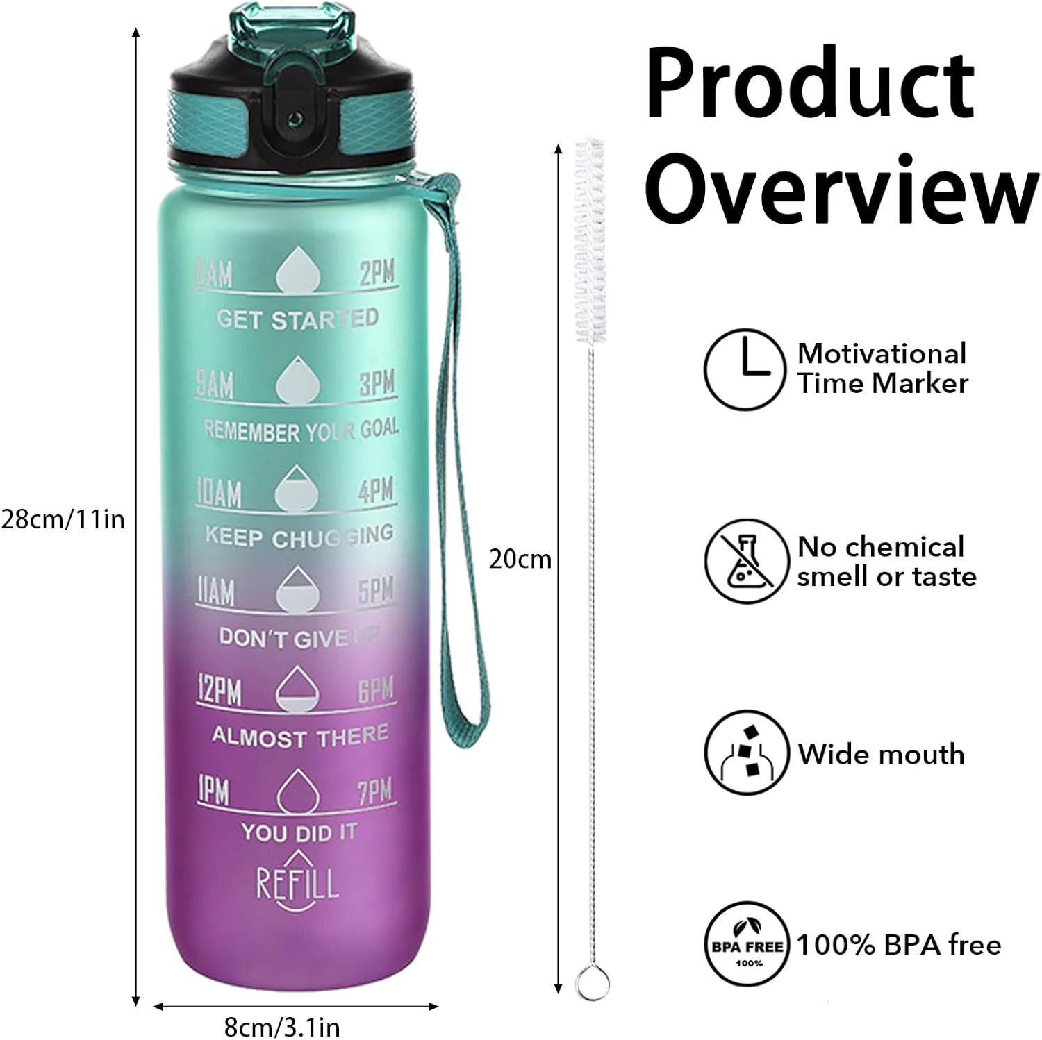 بطری آب ورزشی 1 لیتری با نی و نشانگر زمان، ضد نشت، بطری نوشیدنی پلاستیکی بدون BPA برای دختران، پسران، باشگاه، دوچرخه سواری، دفتر، فضای باز (سبز بنفش)