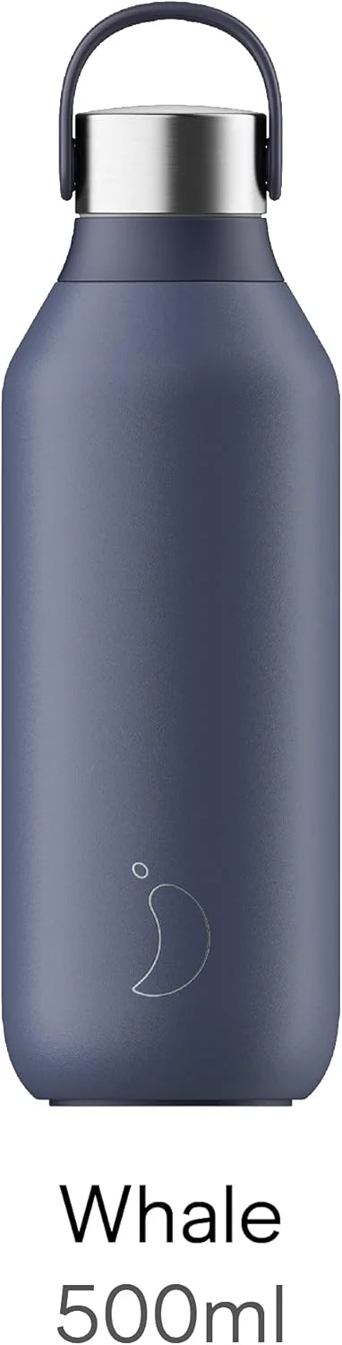 بطری سری 2 چیلی'ز - بطری های حرارتی استیل ضد زنگ با دیواره دوجداره، یقه نرم و حلقه حمل - آبی نهنگی، 500 میلی لیتر