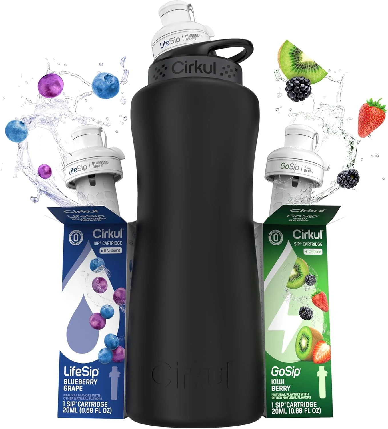 بطری آب استیل ضد زنگ مات مشکی سیرکول 946 میلی لیتری با درب مشکی و 2 کارتریج طعم دهنده (1 لایف سیپ بلوبری انگور، 1 گوسیپ کیوی بری) بدون شکر، مخلوط نوشیدنی بدون کالری