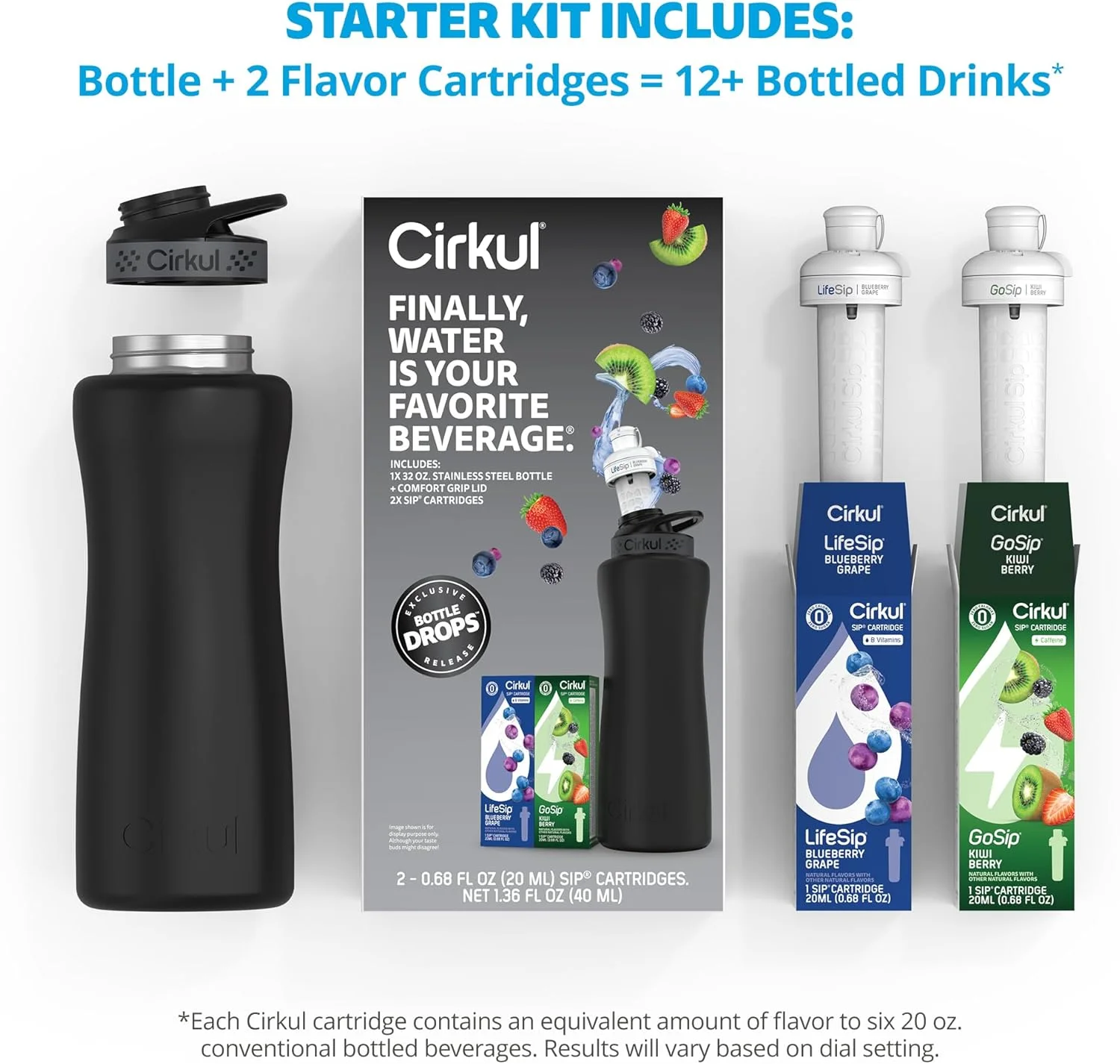 بطری آب استیل ضد زنگ مات مشکی سیرکول 946 میلی لیتری با درب مشکی و 2 کارتریج طعم دهنده (1 لایف سیپ بلوبری انگور، 1 گوسیپ کیوی بری) بدون شکر، مخلوط نوشیدنی بدون کالری