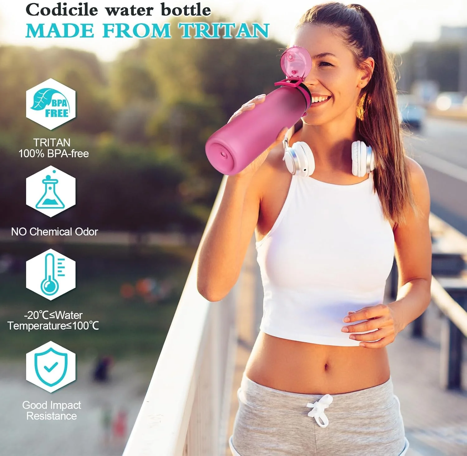 بطری آب کودی‌سیل ۱ لیتری تریتان، بطری آب ۱ لیتری بدون BPA، بطری آب ورزشی قابل شستشو در ماشین ظرفشویی، بطری نوشیدنی ضد نشت با علامت گذاری زمان و فیلتر برای باشگاه، مدرسه، فضای باز، رز قرمز