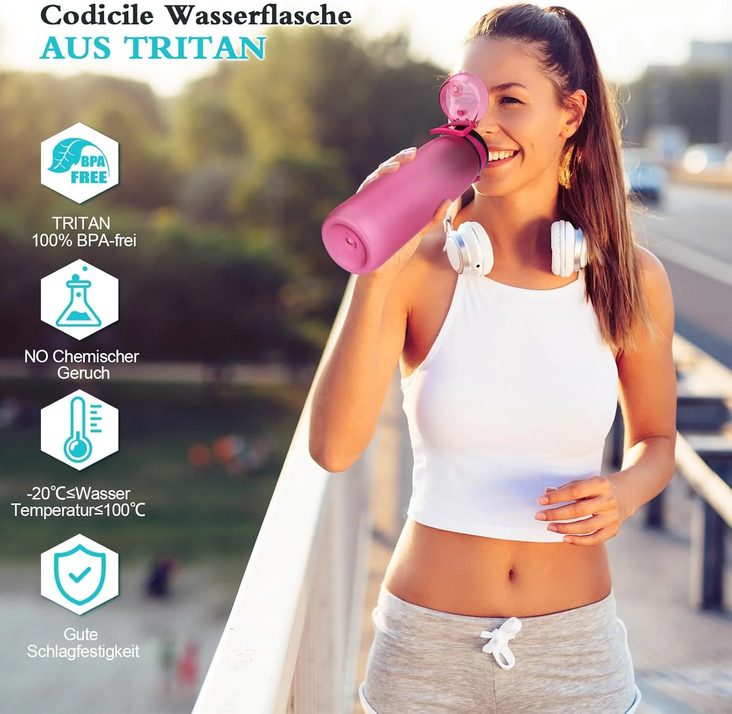 بطری نوشیدنی کدی‌سیل 1 لیتری، بطری آب 1 لیتری بدون BPA، بطری ورزشی تریتان با فیلتر برای تناسب اندام، دویدن، مدرسه، فضای باز، رز قرمز