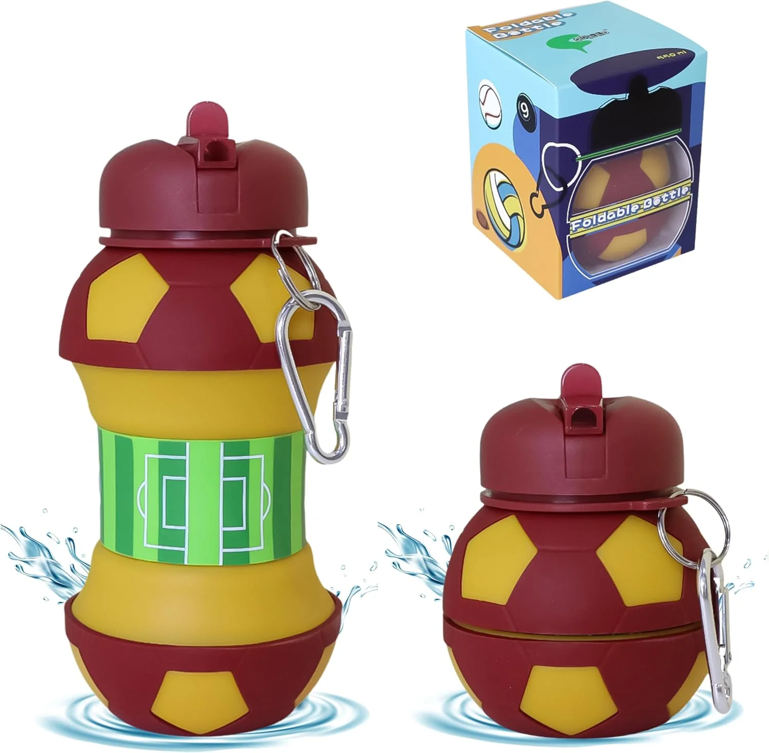 بطری آب، بطری آب کودکانه، بطری آب پسرانه، بطری آب تاشو، بطری سیلیکونی، بطری بدون BPA، بطری کودک، ایده هدیه (550 میلی لیتر، زرد قرمز فوتبالی)