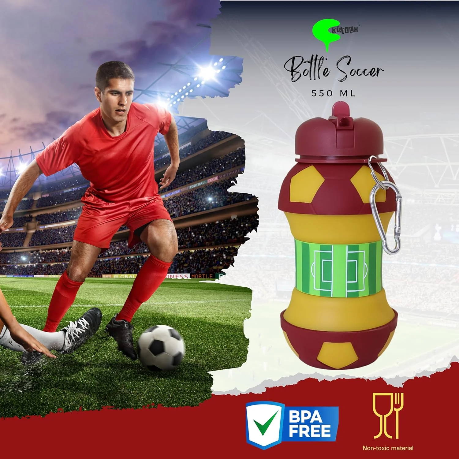 بطری آب، بطری آب کودکانه، بطری آب پسرانه، بطری آب تاشو، بطری سیلیکونی، بطری بدون BPA، بطری کودک، ایده هدیه (550 میلی لیتر، زرد قرمز فوتبالی)