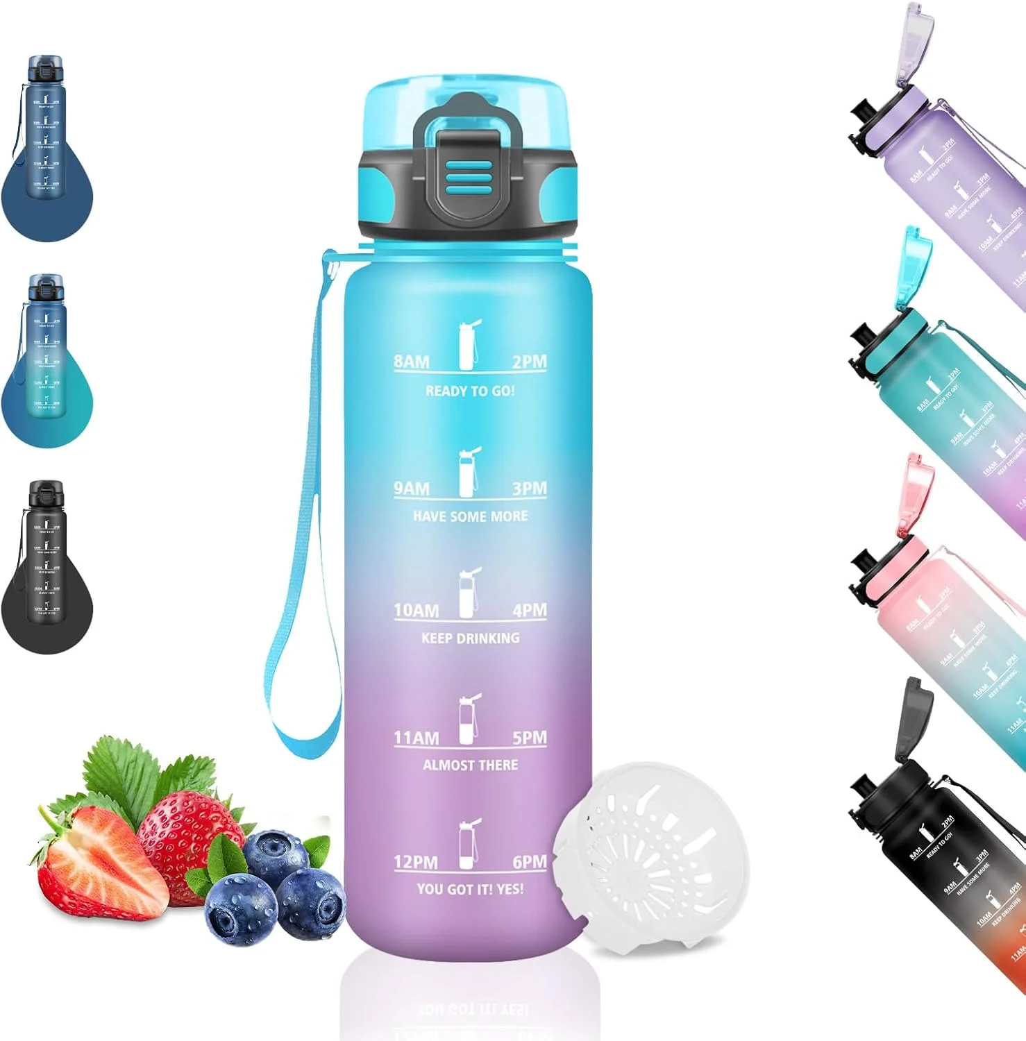 بطری آب کودک، 500 میلی لیتر، بطری نوشیدنی مدرسه، بطری آب با نشانگر زمان، تمیز کردن آسان، بطری نوشیدنی برای نوشیدنی های گازدار، بطری آب برای مسافرت، کمپینگ، آبی/بنفش