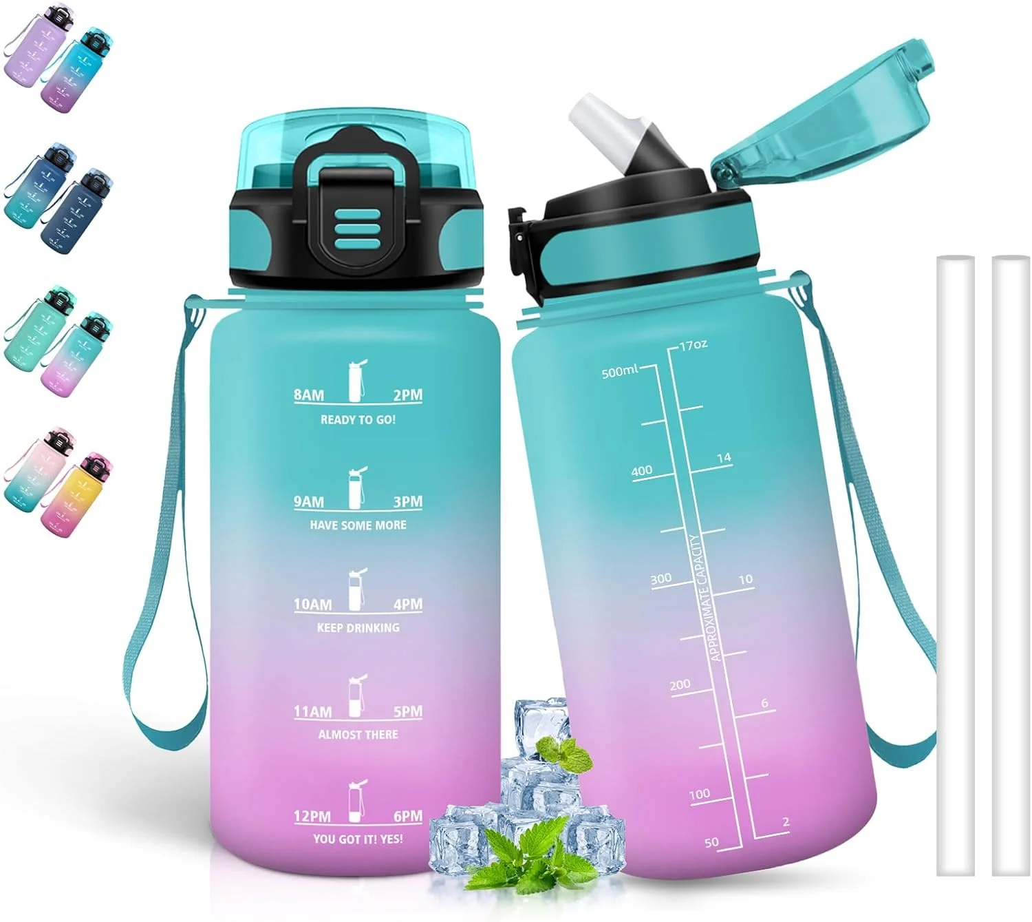 بطری آب کودک، بطری نوشیدنی 500 میلی لیتری، بطری آب با نی، تمیز کردن آسان، بطری نوشیدنی برای نوشیدنی های گازدار، ضد نشت، بطری آب ورزشی برای مدرسه، کمپینگ، سبز صورتی