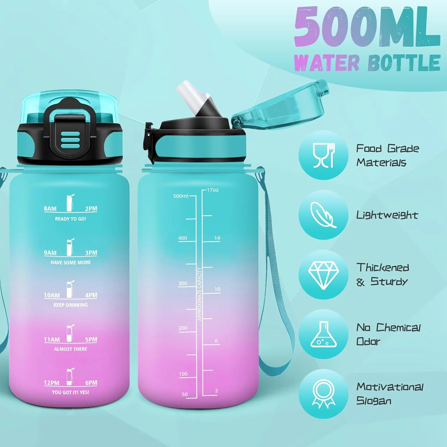 بطری آب کودک، بطری نوشیدنی 500 میلی لیتری، بطری آب با نی، تمیز کردن آسان، بطری نوشیدنی برای نوشیدنی های گازدار، ضد نشت، بطری آب ورزشی برای مدرسه، کمپینگ، سبز صورتی