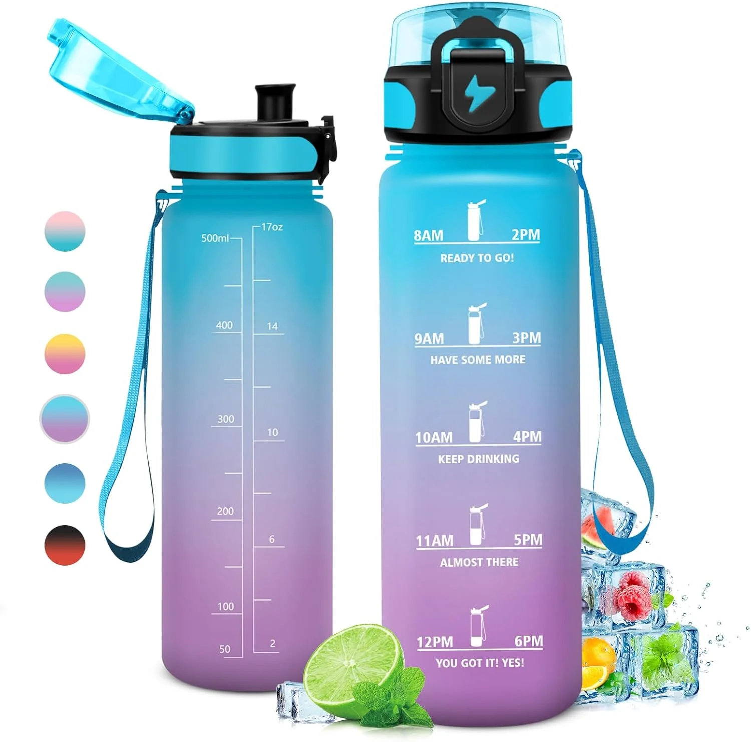 بطری نوشیدنی کودک، 500 میلی لیتر، مناسب برای نوشیدنی های گازدار، بطری آب ورزشی، ضد نشت، بطری آب با فیلتر و علامت گذاری زمان، بطری آب برای دوچرخه، مدرسه، دختران، پسران، کمپینگ