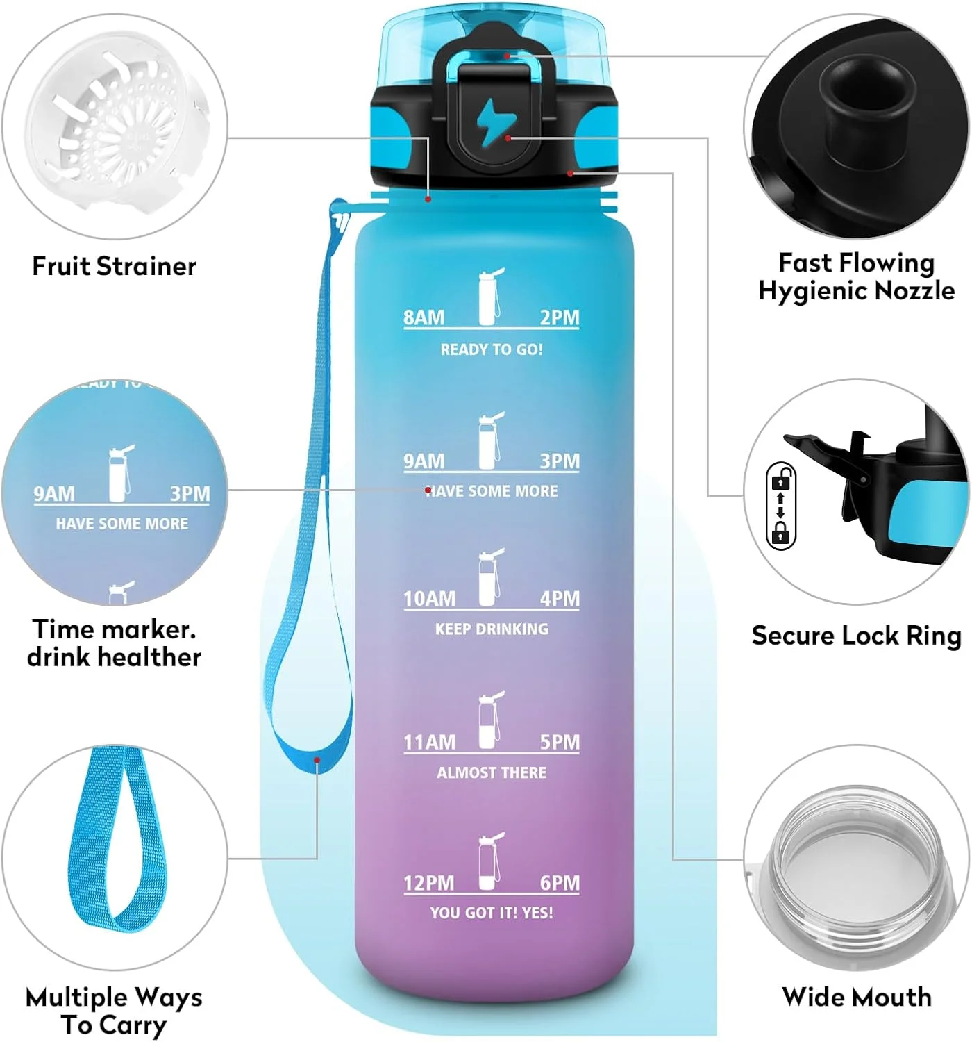 بطری نوشیدنی کودک، 500 میلی لیتر، مناسب برای نوشیدنی های گازدار، بطری آب ورزشی، ضد نشت، بطری آب با فیلتر و علامت گذاری زمان، بطری آب برای دوچرخه، مدرسه، دختران، پسران، کمپینگ