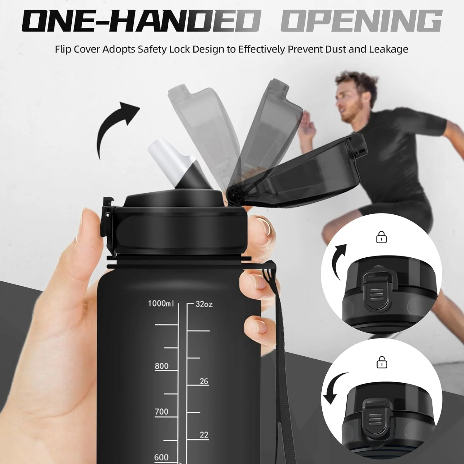 بطری آب 1 لیتری، بطری آب نی دار، بطری آب ورزشی، قابل حمل، بطری آب با علامت گذاری زمان، ضد نشت، بطری آب برای دویدن، کمپینگ، پیاده روی