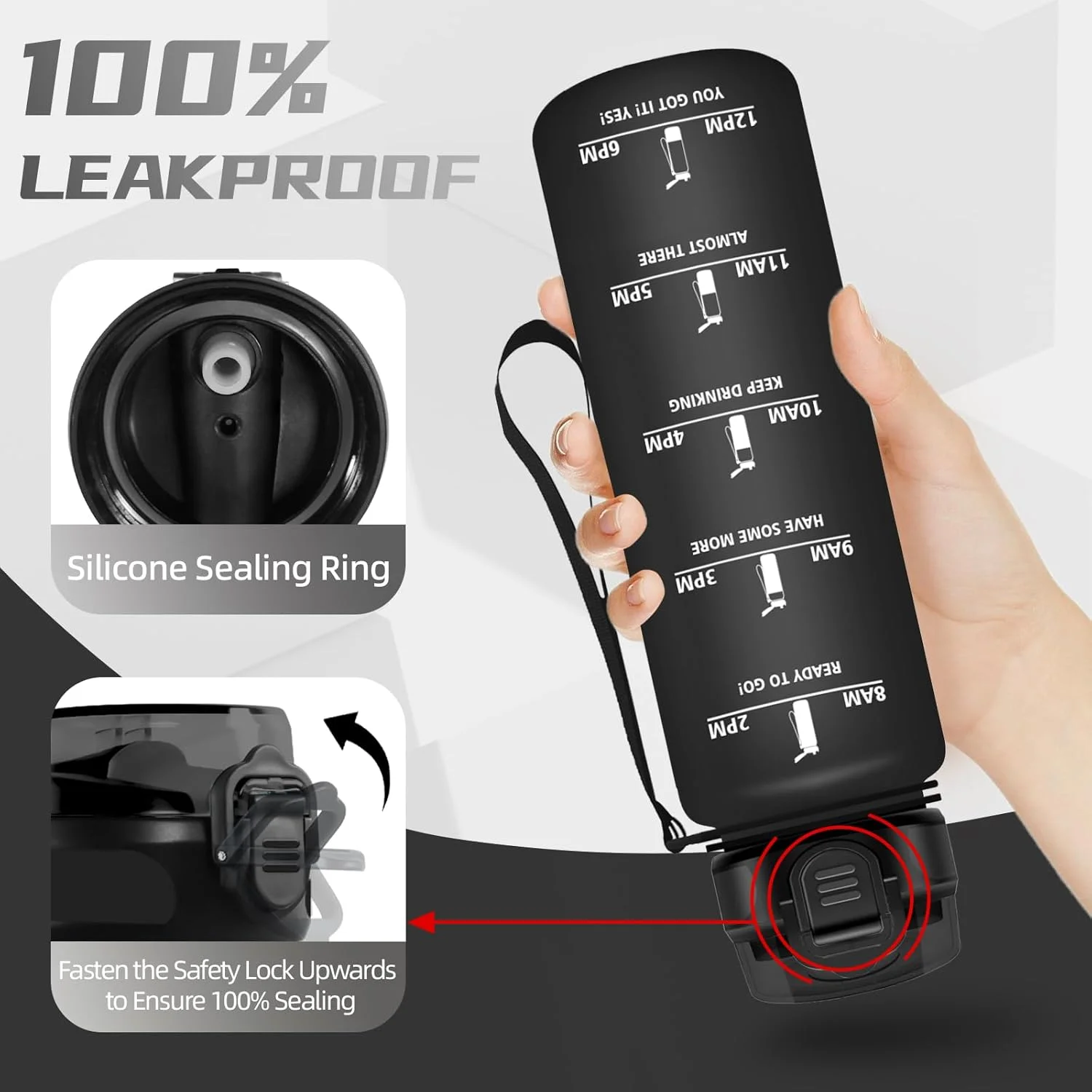 بطری آب 1 لیتری، بطری آب نی دار، بطری آب ورزشی، قابل حمل، بطری آب با علامت گذاری زمان، ضد نشت، بطری آب برای دویدن، کمپینگ، پیاده روی