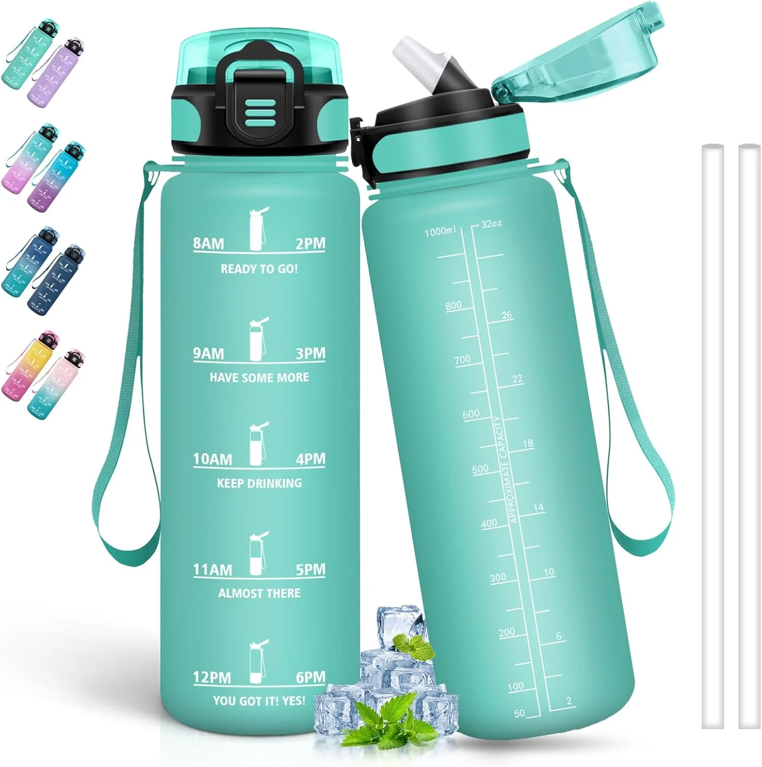 بطری آب 1 لیتری، بطری آب نی دار، بطری آب ورزشی، قابل حمل، بطری آب با علامت گذاری زمان، ضد نشت، بطری آب برای دویدن، کمپینگ، پیاده روی