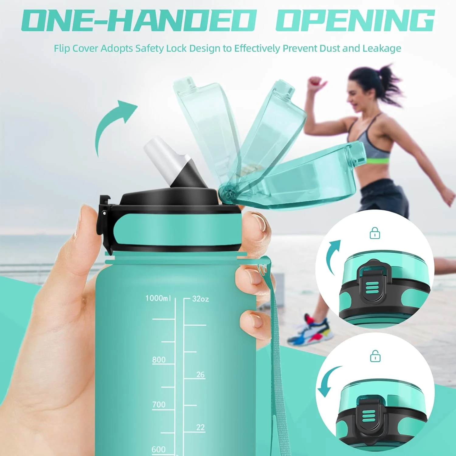 بطری آب 1 لیتری، بطری آب نی دار، بطری آب ورزشی، قابل حمل، بطری آب با علامت گذاری زمان، ضد نشت، بطری آب برای دویدن، کمپینگ، پیاده روی