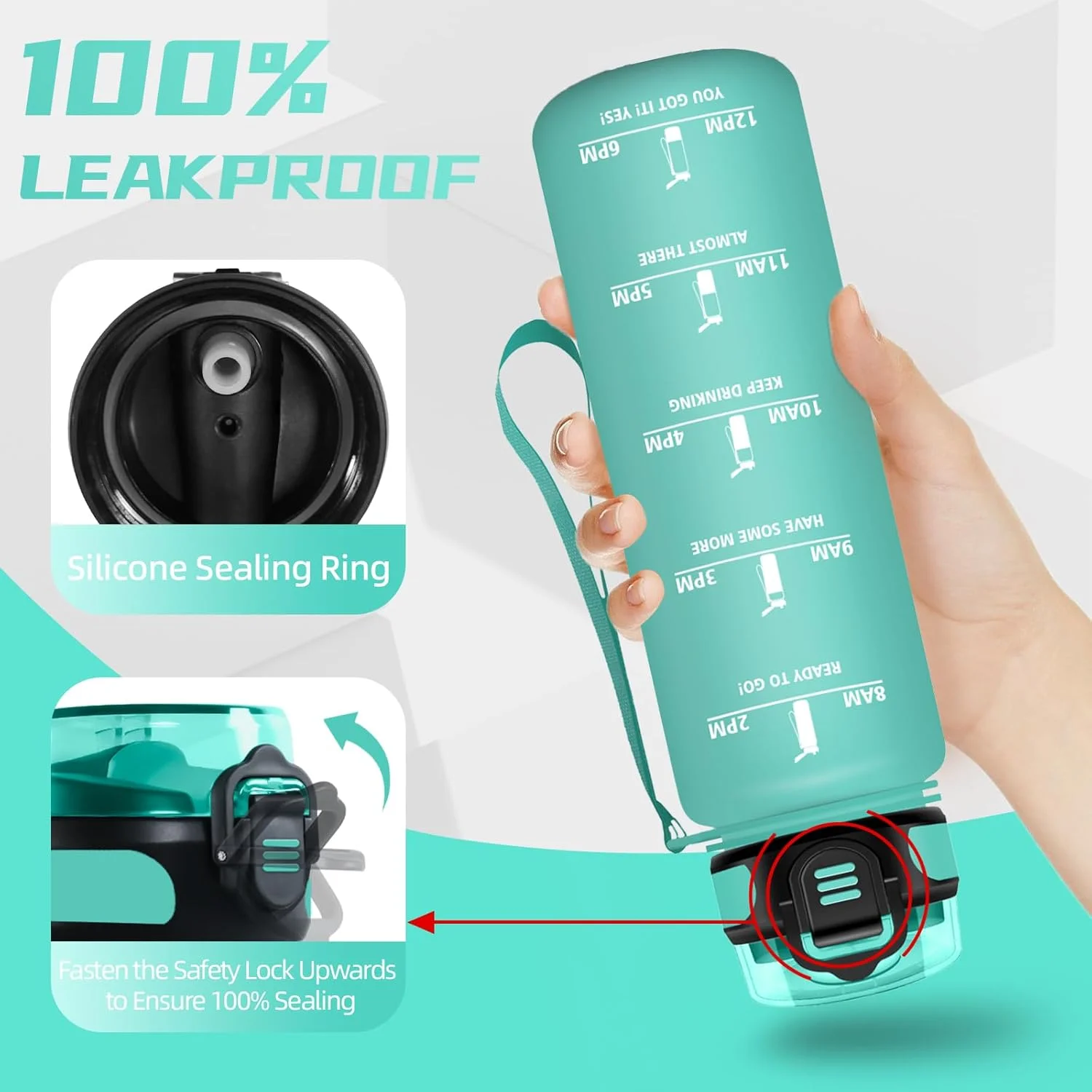 بطری آب 1 لیتری، بطری آب نی دار، بطری آب ورزشی، قابل حمل، بطری آب با علامت گذاری زمان، ضد نشت، بطری آب برای دویدن، کمپینگ، پیاده روی