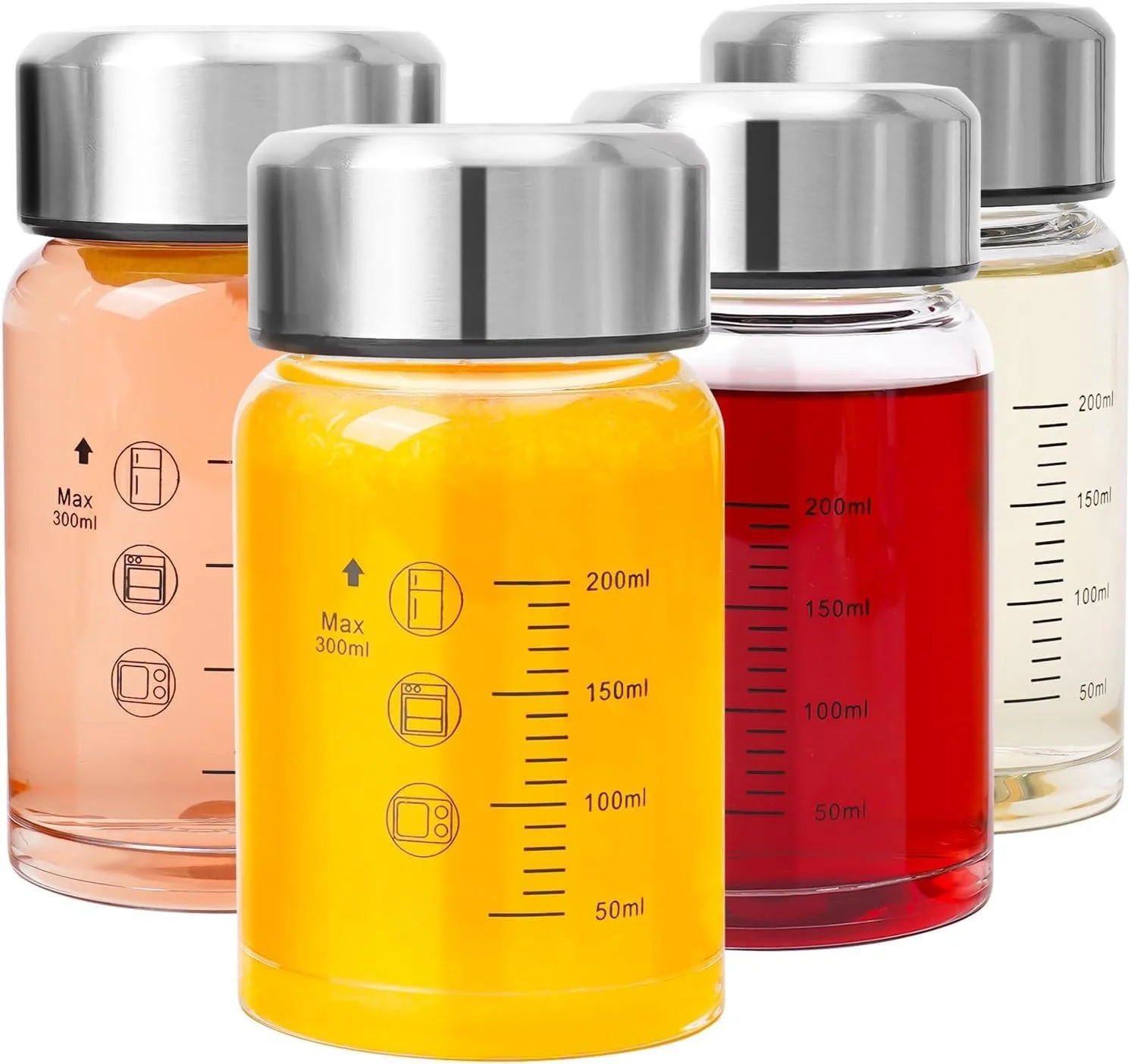 ست 4 عددی بطری شیشه ای آبمیوه، بطری آب شیشه ای دهان گشاد 300 میلی لیتری با درب، بطری شیکر پروتئین ضد نشت، بطری آب ورزشی شیشه ای برای آبمیوه گیری، اسموتی، شیر، پروتئین، بدون BPA (300 میلی لیتر)