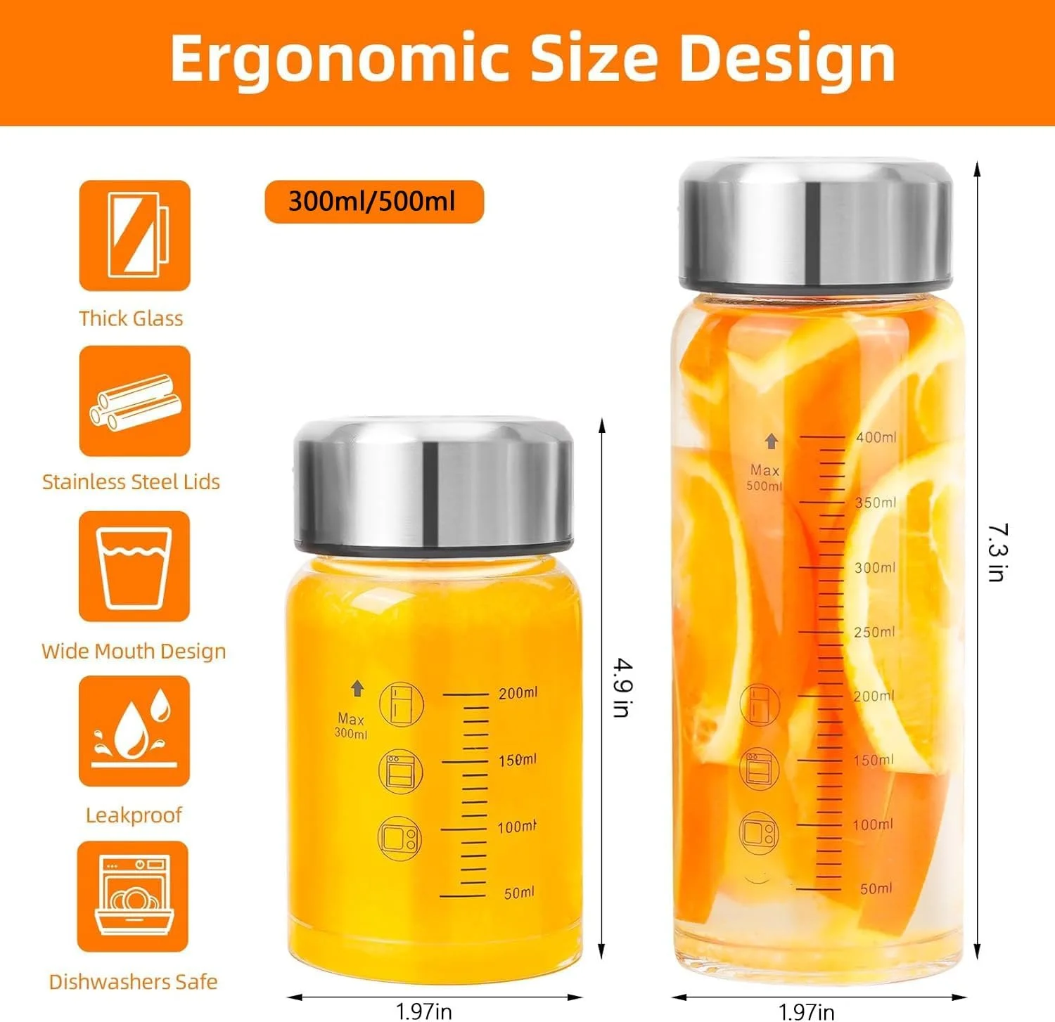 ست 4 عددی بطری شیشه ای آبمیوه، بطری آب شیشه ای دهان گشاد 300 میلی لیتری با درب، بطری شیکر پروتئین ضد نشت، بطری آب ورزشی شیشه ای برای آبمیوه گیری، اسموتی، شیر، پروتئین، بدون BPA (300 میلی لیتر)