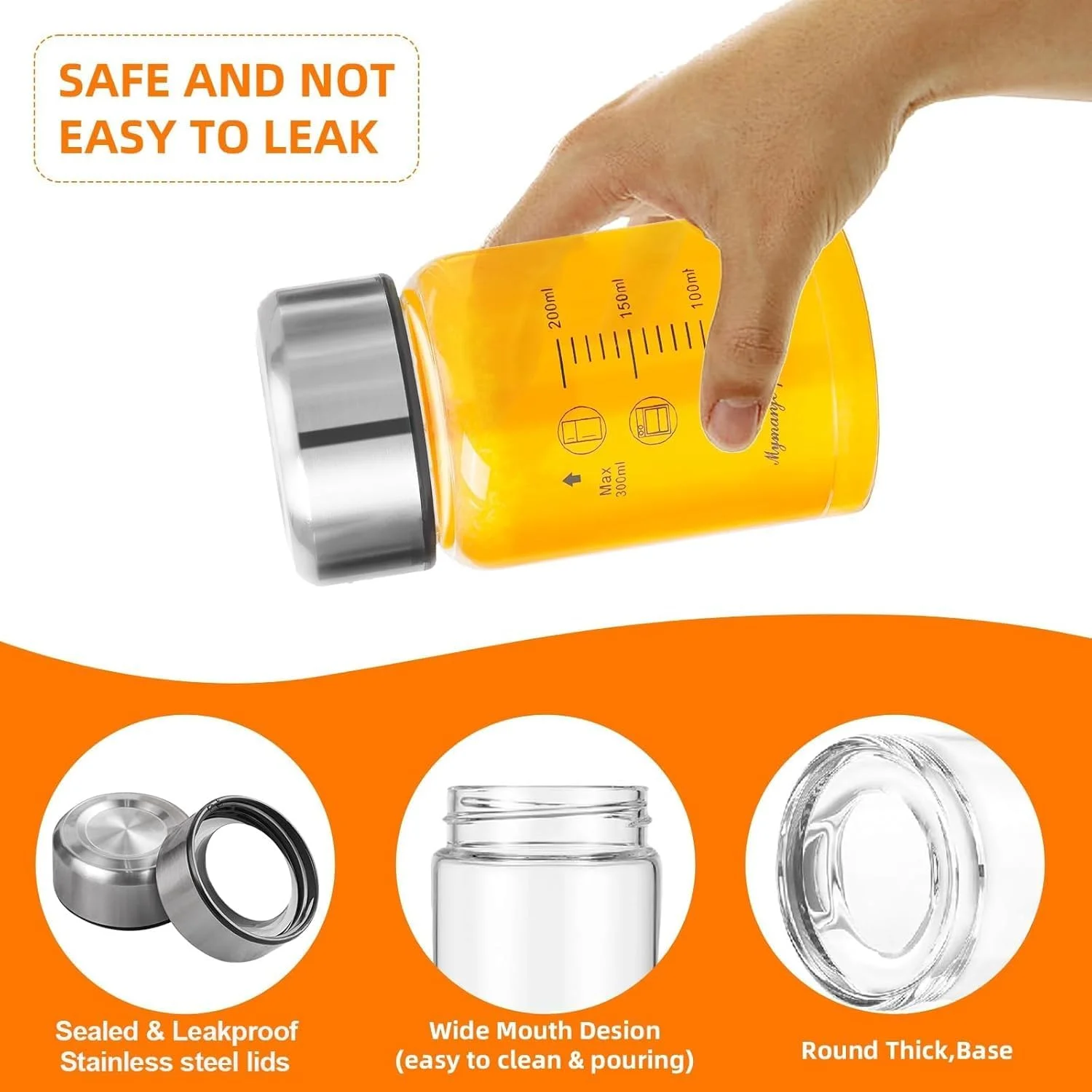 ست 4 عددی بطری شیشه ای آبمیوه، بطری آب شیشه ای دهان گشاد 300 میلی لیتری با درب، بطری شیکر پروتئین ضد نشت، بطری آب ورزشی شیشه ای برای آبمیوه گیری، اسموتی، شیر، پروتئین، بدون BPA (300 میلی لیتر)