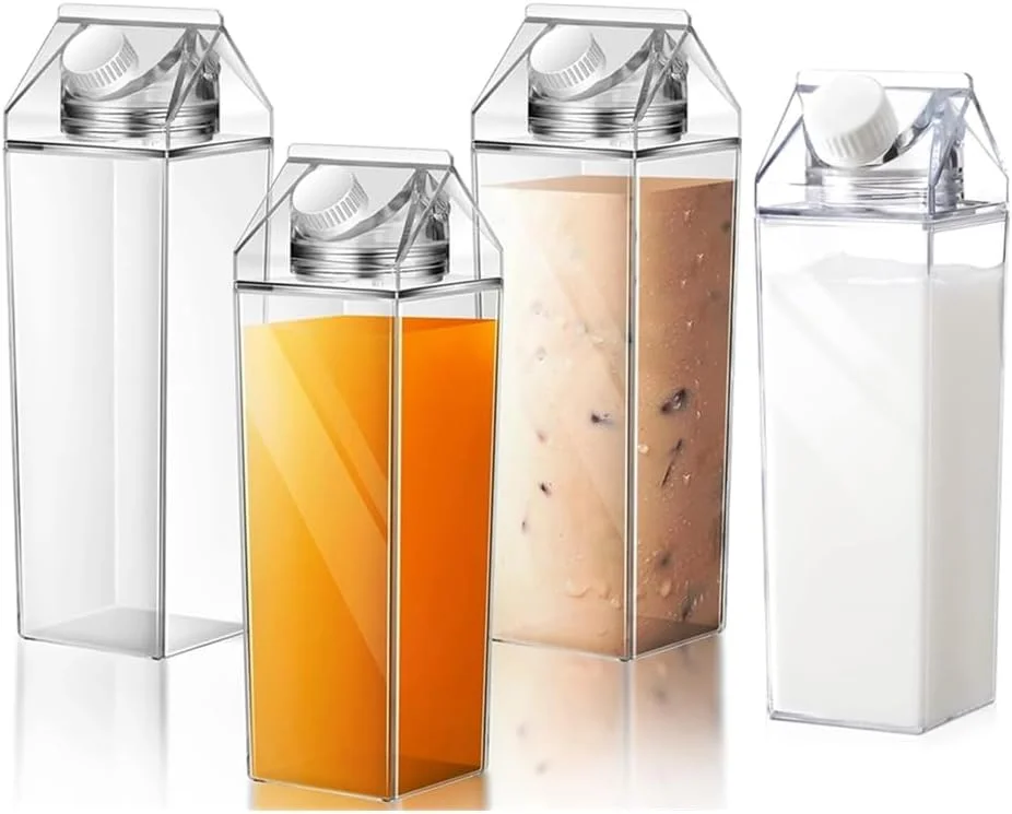 ست 4 عددی بطری آب طرح پاکت شیر، 500 میلی لیتر، ضد نشت، پلاستیکی، قابل استفاده مجدد، بدون BPA، مناسب ورزش، کمپینگ، پیاده روی، مسافرت، قابل شستشو در ماشین ظرفشویی