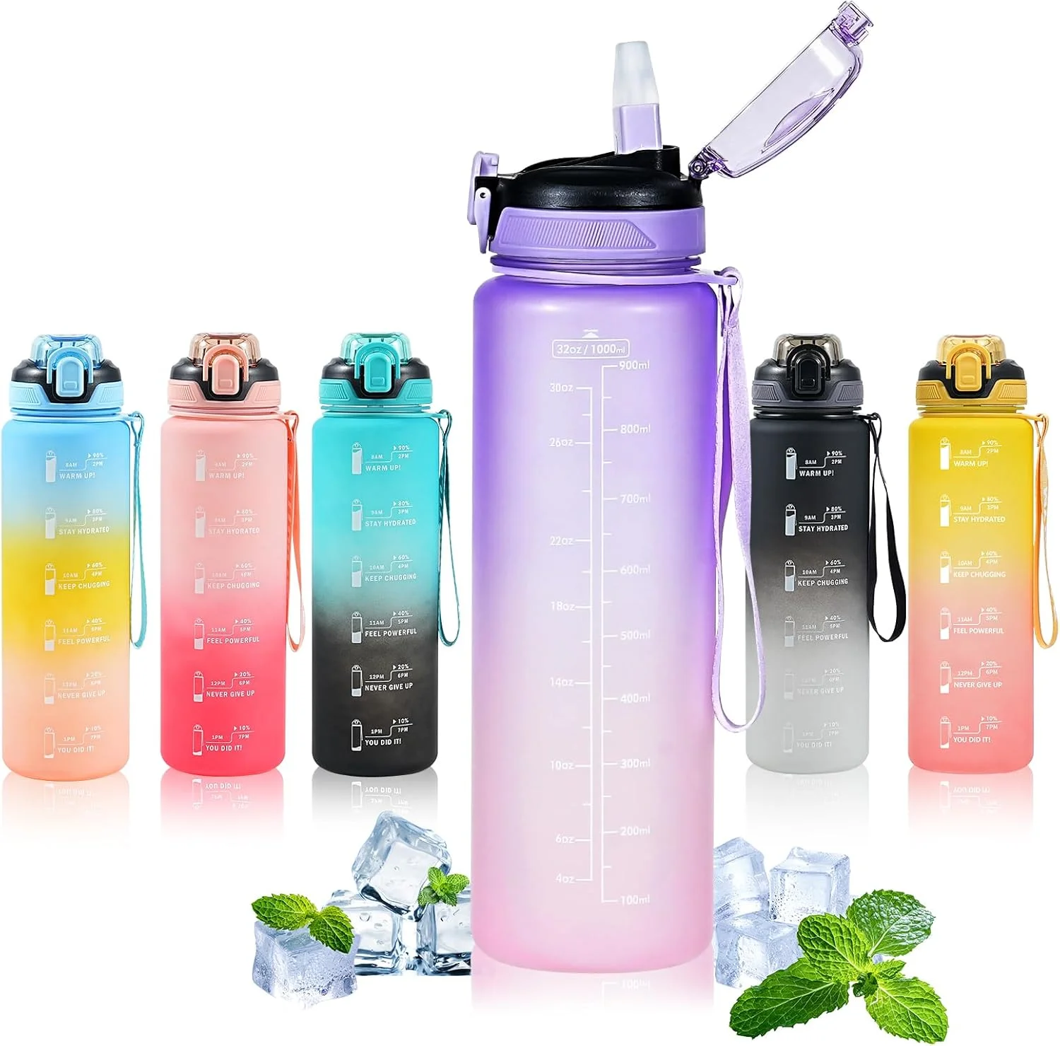 بطری آب نی دار 1 لیتری، بطری آب پسرانه نی دار 1 لیتری، بطری آب ورزشی ضد نشت، بطری نوشیدنی پلاستیکی بدون سم و بدون BPA (گرادیان بنفش)