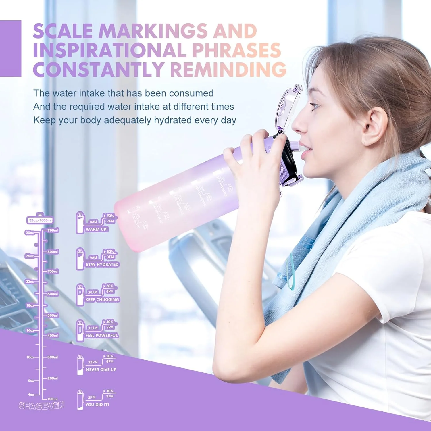 بطری آب نی دار 1 لیتری، بطری آب پسرانه نی دار 1 لیتری، بطری آب ورزشی ضد نشت، بطری نوشیدنی پلاستیکی بدون سم و بدون BPA (گرادیان بنفش)