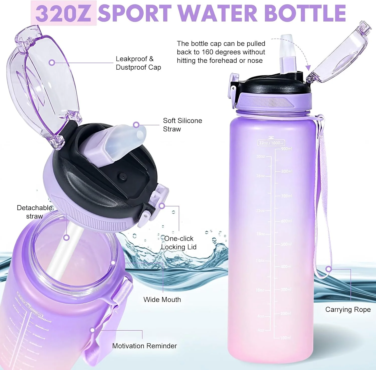 بطری آب نی دار 1 لیتری، بطری آب پسرانه نی دار 1 لیتری، بطری آب ورزشی ضد نشت، بطری نوشیدنی پلاستیکی بدون سم و بدون BPA (گرادیان بنفش)