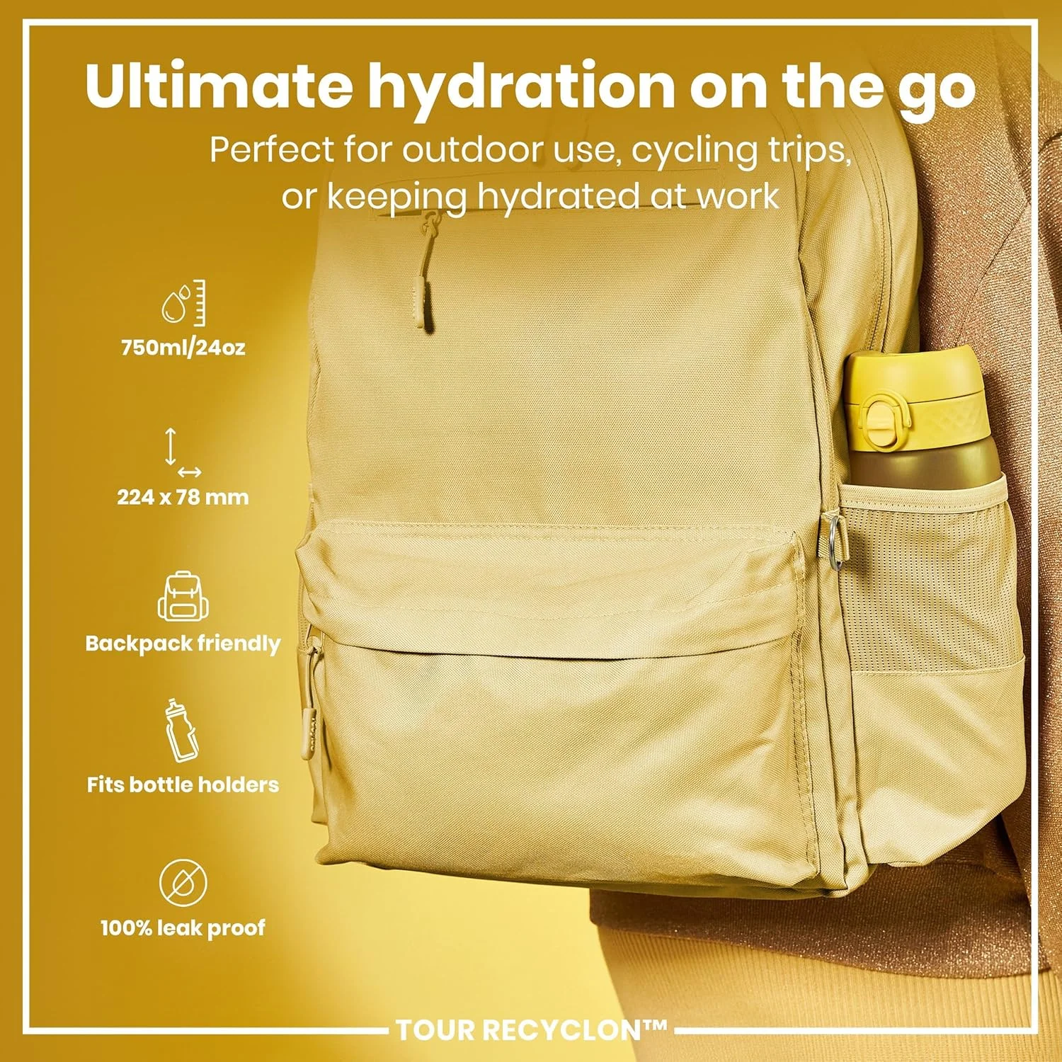 بطری آب یون8، 750 میلی لیتر، ضد نشت، باز شدن آسان، قفل ایمن، قابل شستشو در ماشین ظرفشویی، فاقد BPA، درب تاشو، دسته حمل، روکش نرم با طراحی ارگونومیک، تمیز کردن آسان، بدون بو، خنثی از نظر کربن، زرد