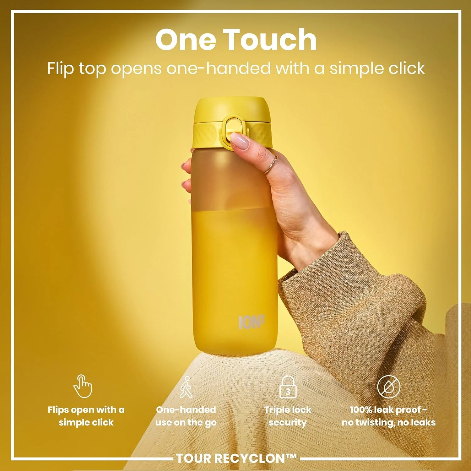 بطری آب یون8، 750 میلی لیتر، ضد نشت، باز شدن آسان، قفل ایمن، قابل شستشو در ماشین ظرفشویی، فاقد BPA، درب تاشو، دسته حمل، روکش نرم با طراحی ارگونومیک، تمیز کردن آسان، بدون بو، خنثی از نظر کربن، زرد