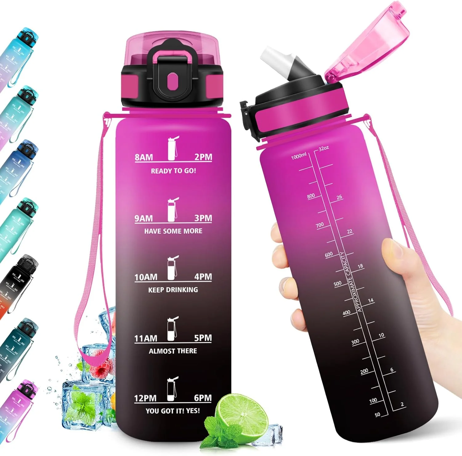 بطری آب 1 لیتری، بطری آب انگیزشی، ضد نشت و دارای نشانگر زمان، بطری آب با نی، فاقد BPA، بطری ورزشی برای ورزش، مدرسه، باشگاه، پیاده روی، دوچرخه سواری، فضای باز، یوگا