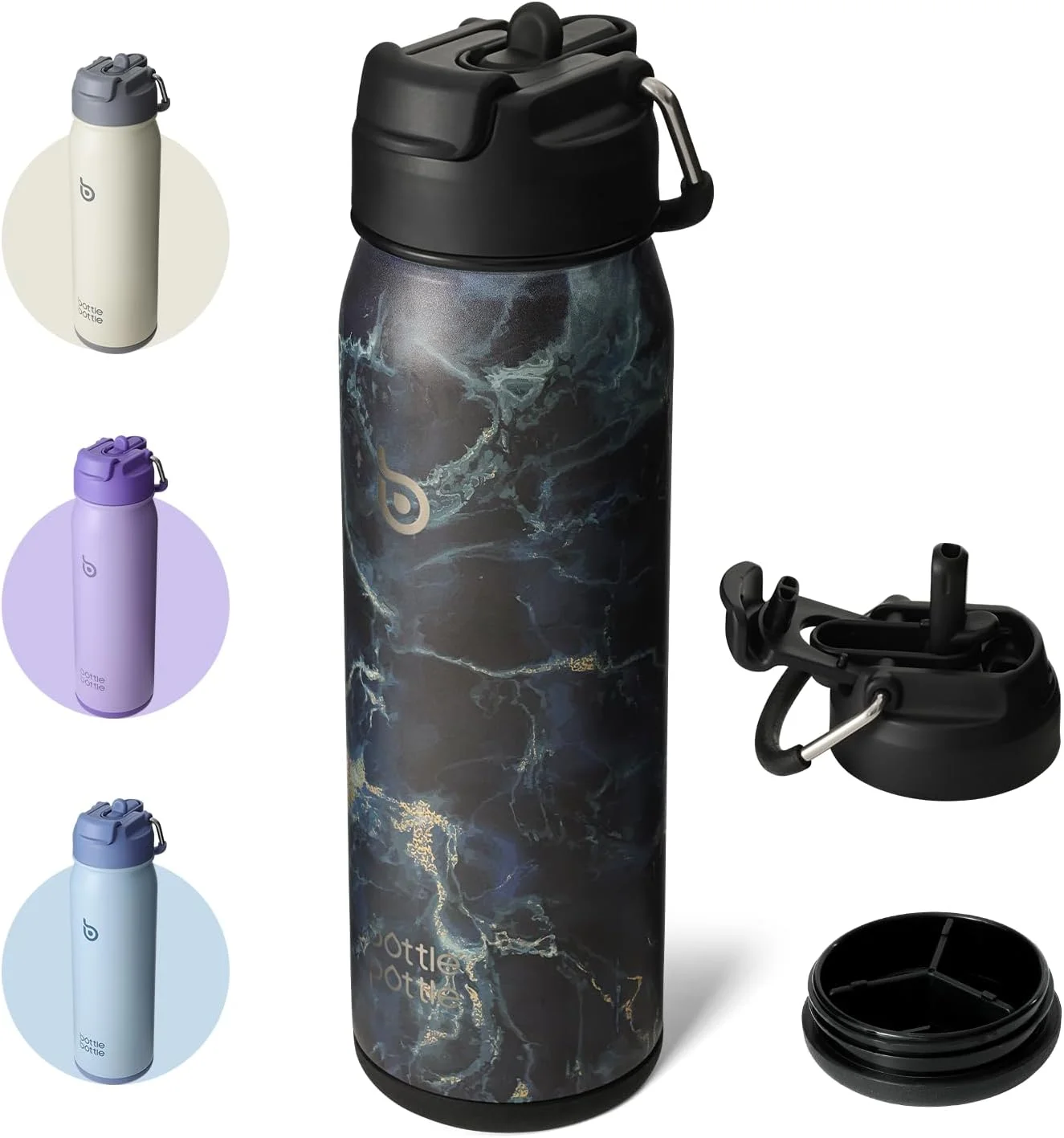 بطری آب ورزشی عایق استیل 24 اونسی با نی و درب قابل تنظیم و محفظه قرص روزانه (سنگ مشکی)