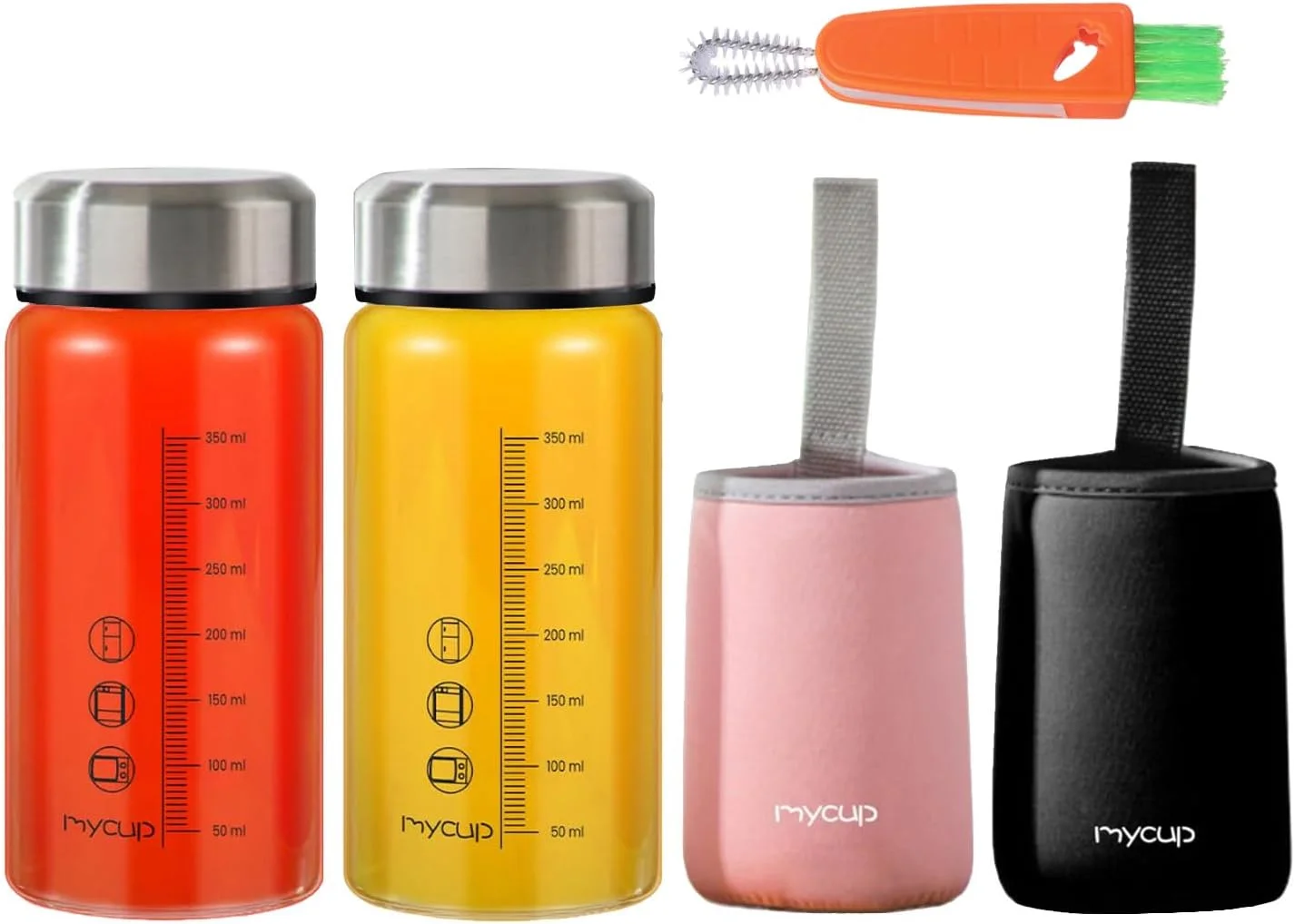 بطری شیشه ای آبمیوه با درب، بسته 2 عددی بطری شیشه ای دهان گشاد 350 میلی لیتری برای آبمیوه، اسموتی، شیر، پروتئین، بطری آبمیوه قابل استفاده مجدد با نشانگر مقیاس، درب استیل ضد زنگ، آستین و برس، بطری شیکر