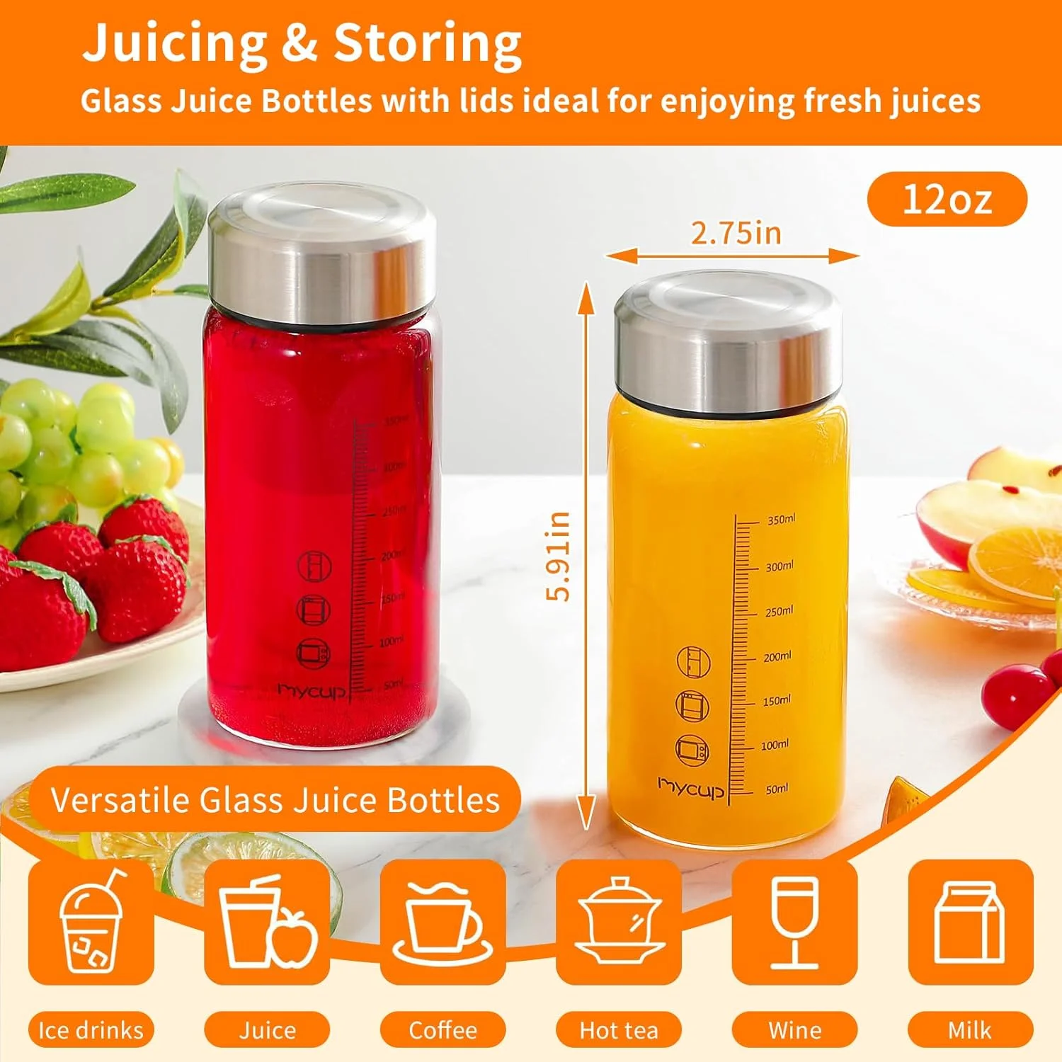 بطری شیشه ای آبمیوه با درب، بسته 2 عددی بطری شیشه ای دهان گشاد 350 میلی لیتری برای آبمیوه، اسموتی، شیر، پروتئین، بطری آبمیوه قابل استفاده مجدد با نشانگر مقیاس، درب استیل ضد زنگ، آستین و برس، بطری شیکر