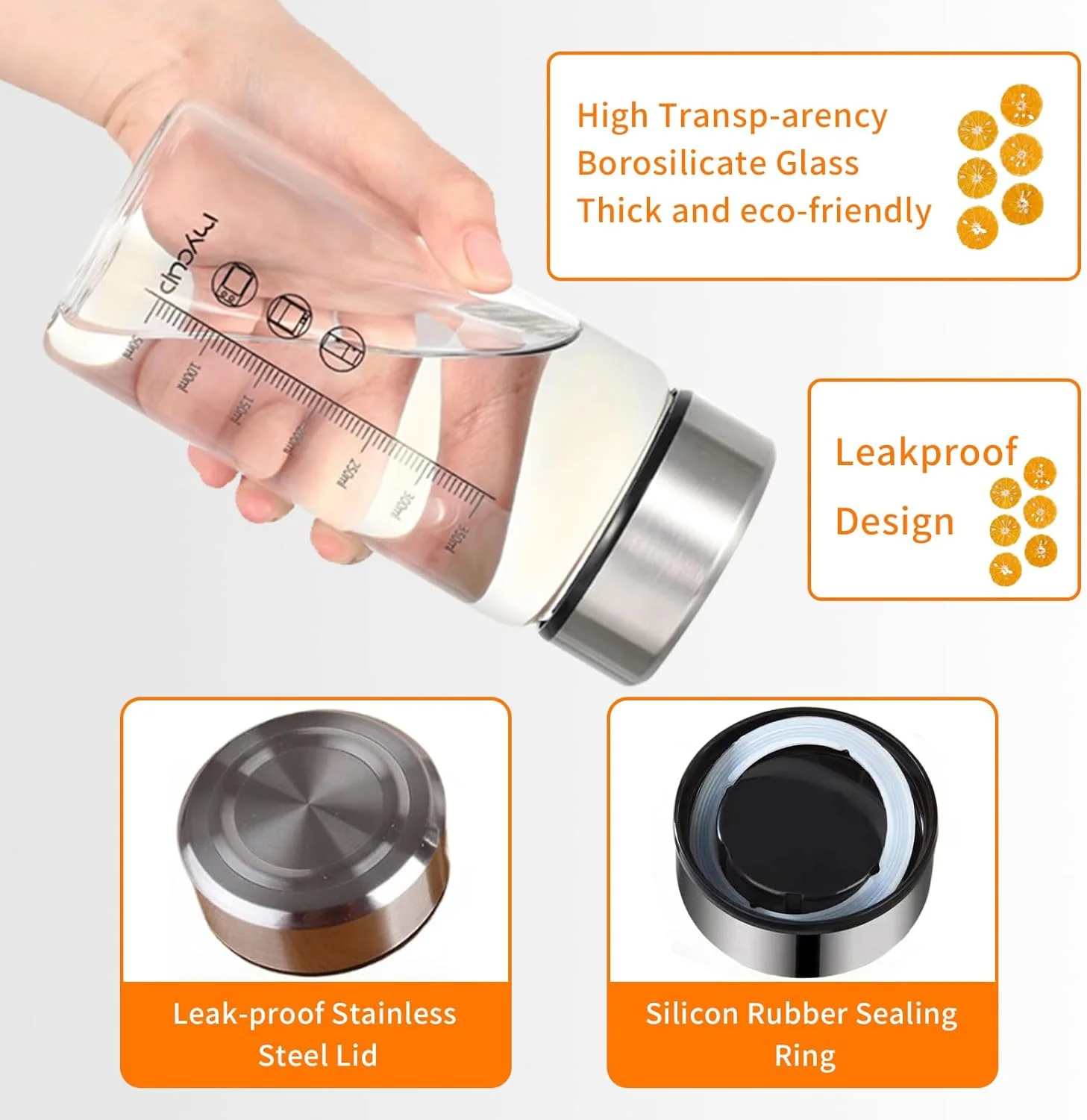 بطری شیشه ای آبمیوه با درب، بسته 2 عددی بطری شیشه ای دهان گشاد 350 میلی لیتری برای آبمیوه، اسموتی، شیر، پروتئین، بطری آبمیوه قابل استفاده مجدد با نشانگر مقیاس، درب استیل ضد زنگ، آستین و برس، بطری شیکر