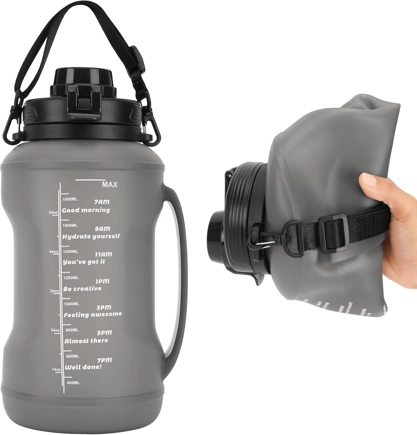 بطری آب سیلیکونی تاشو خاکستری BELLE VOUS با دسته - بطری تاشو ضد نشت 2 لیتری/68 اونسی - لیوان قابل حمل و استفاده مجدد برای کمپینگ، پیاده روی و ورزش