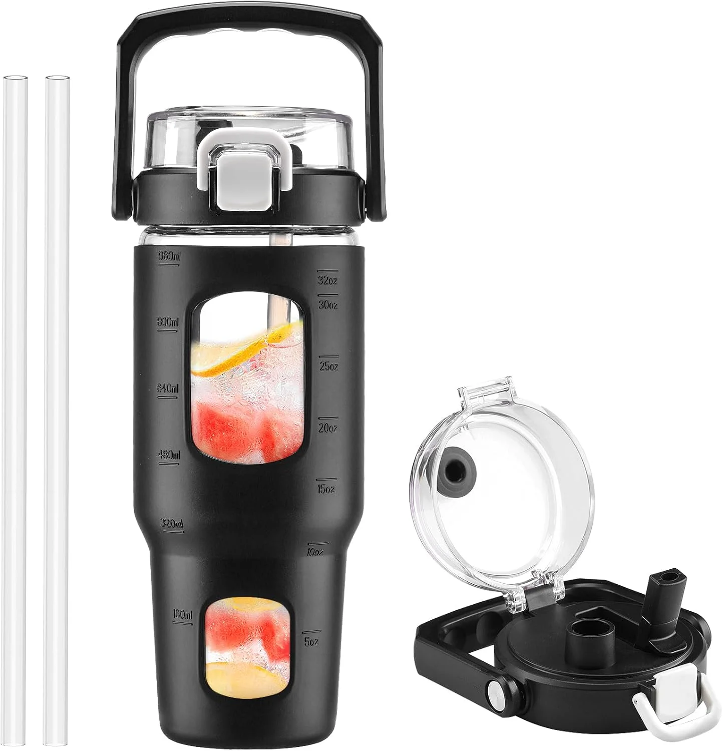 بطری آب شیشه ای BLUEGO با دسته و نی، بطری شیشه ای ورزشی ضد نشت با نشانگر زمان و روکش سیلیکونی، بطری نوشیدنی شیشه ای برای مسافرت، باشگاه، تمرین، مشکی