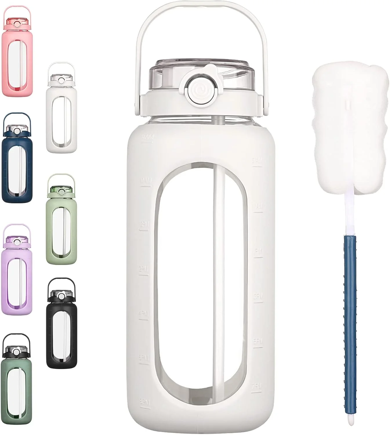 بطری آب شیشه ای BLUEGO با نی و نشانگر زمان، حجم بزرگ نیم گالن، بطری آب انگیزشی بزرگ با روکش سیلیکونی، قمقمه شیشه ای 2 لیتری بزرگ برای باشگاه، ورزش و تمرین، استفاده روزانه، سفید